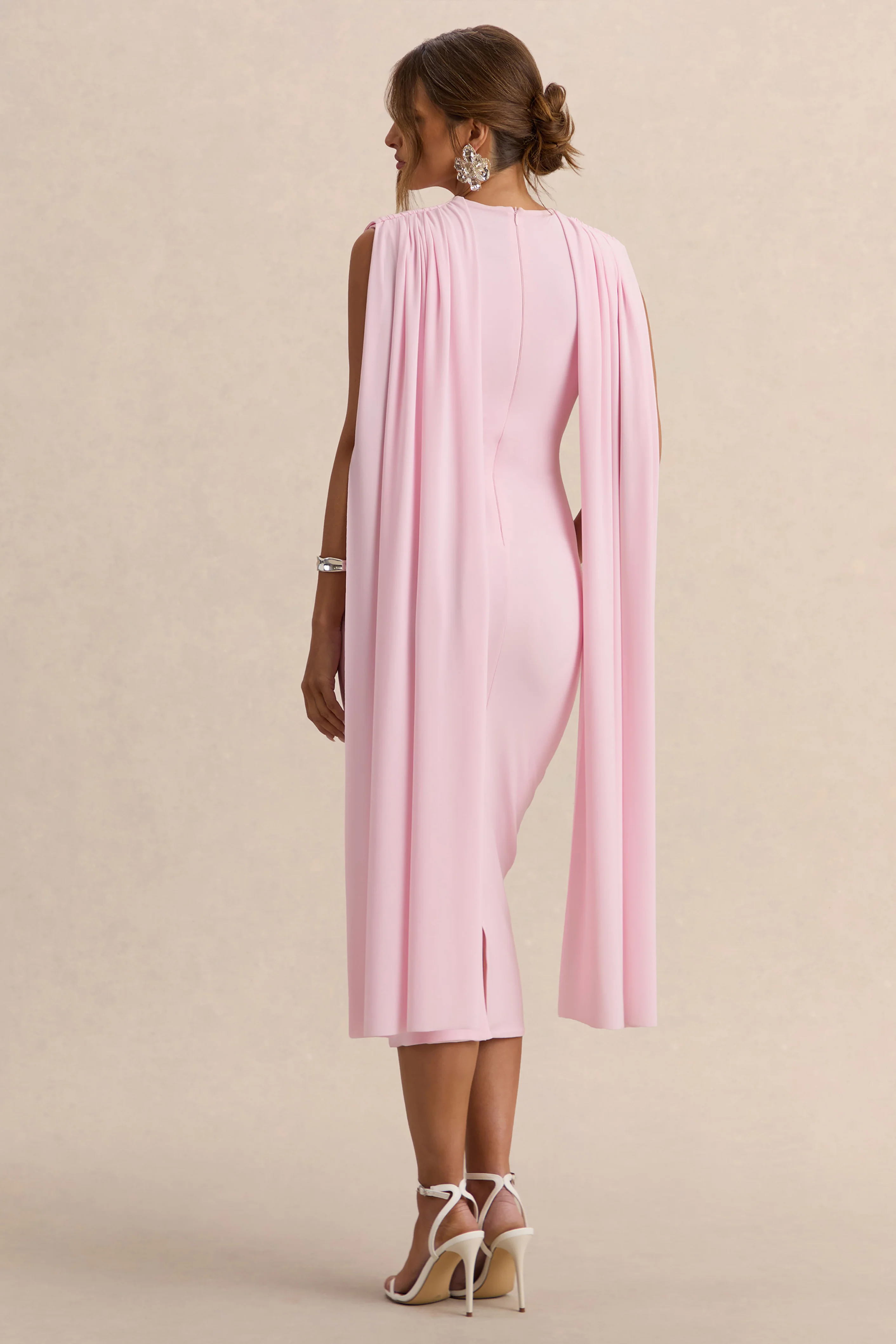 Milaine | Light Pink Round-Neck Maternity Midi Dress With Cape Sleeves