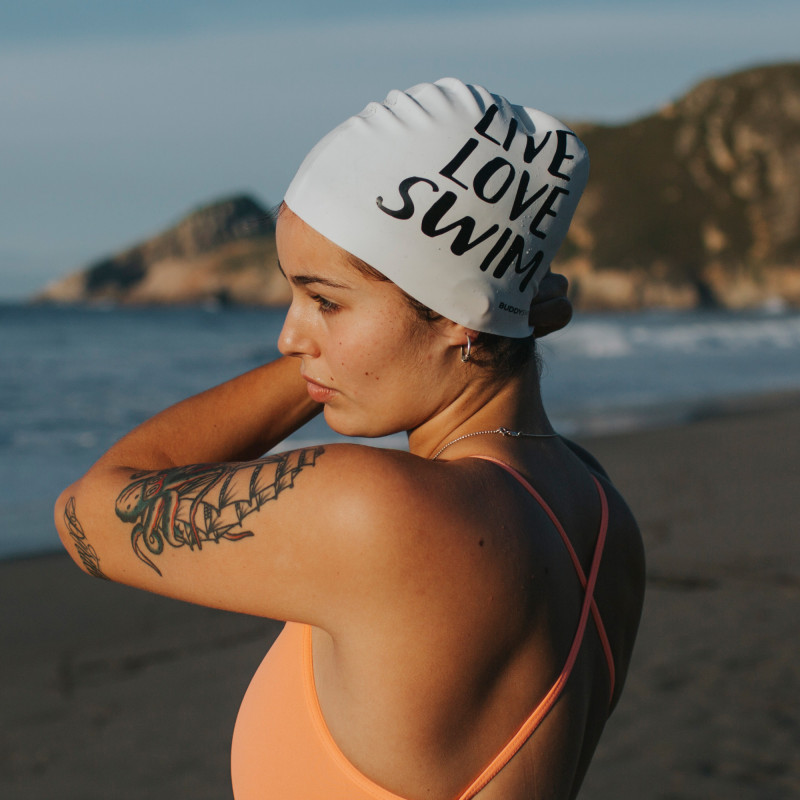 Buddyswim Silicone Swim Cap - LIVE LOVE SWIM - white