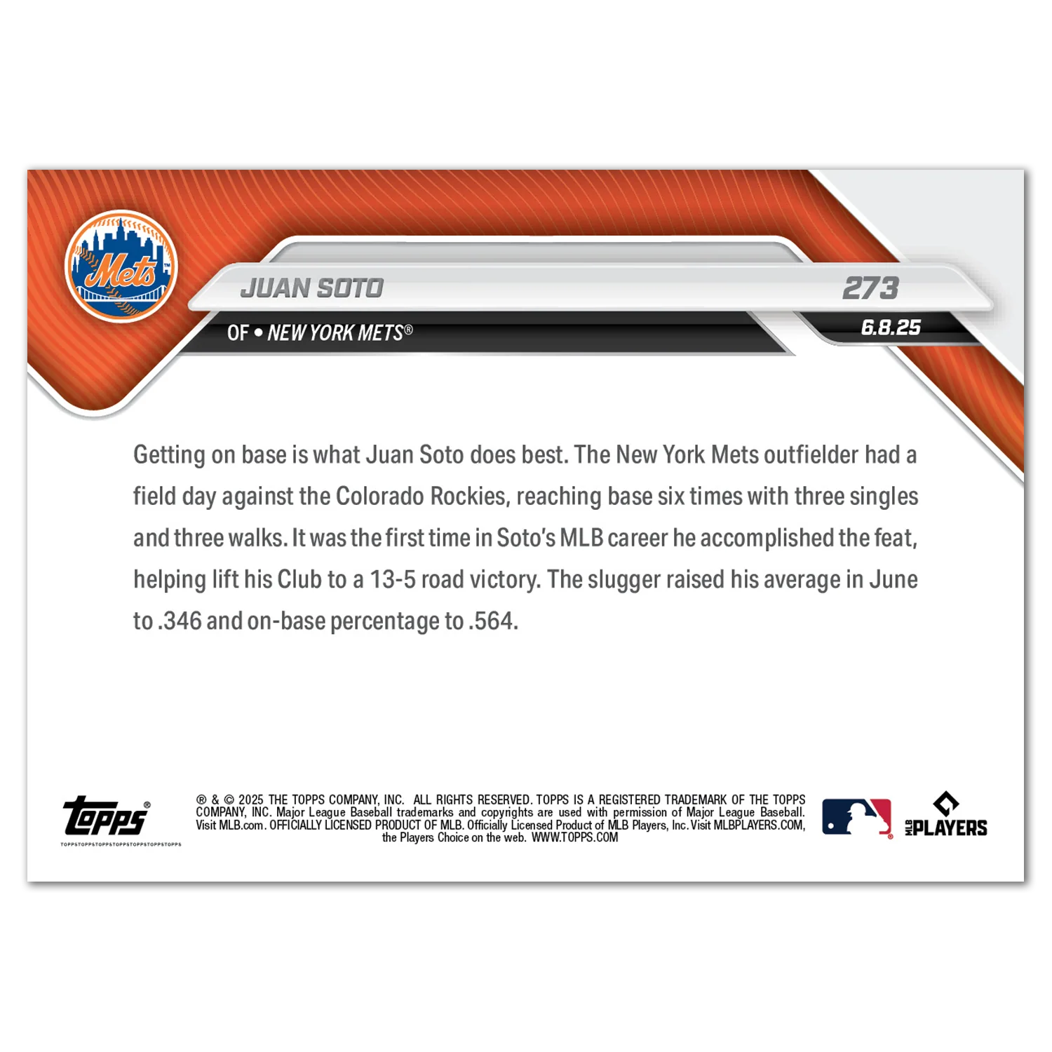 Juan Soto - 2025 MLB Topps NOW® - Card 273