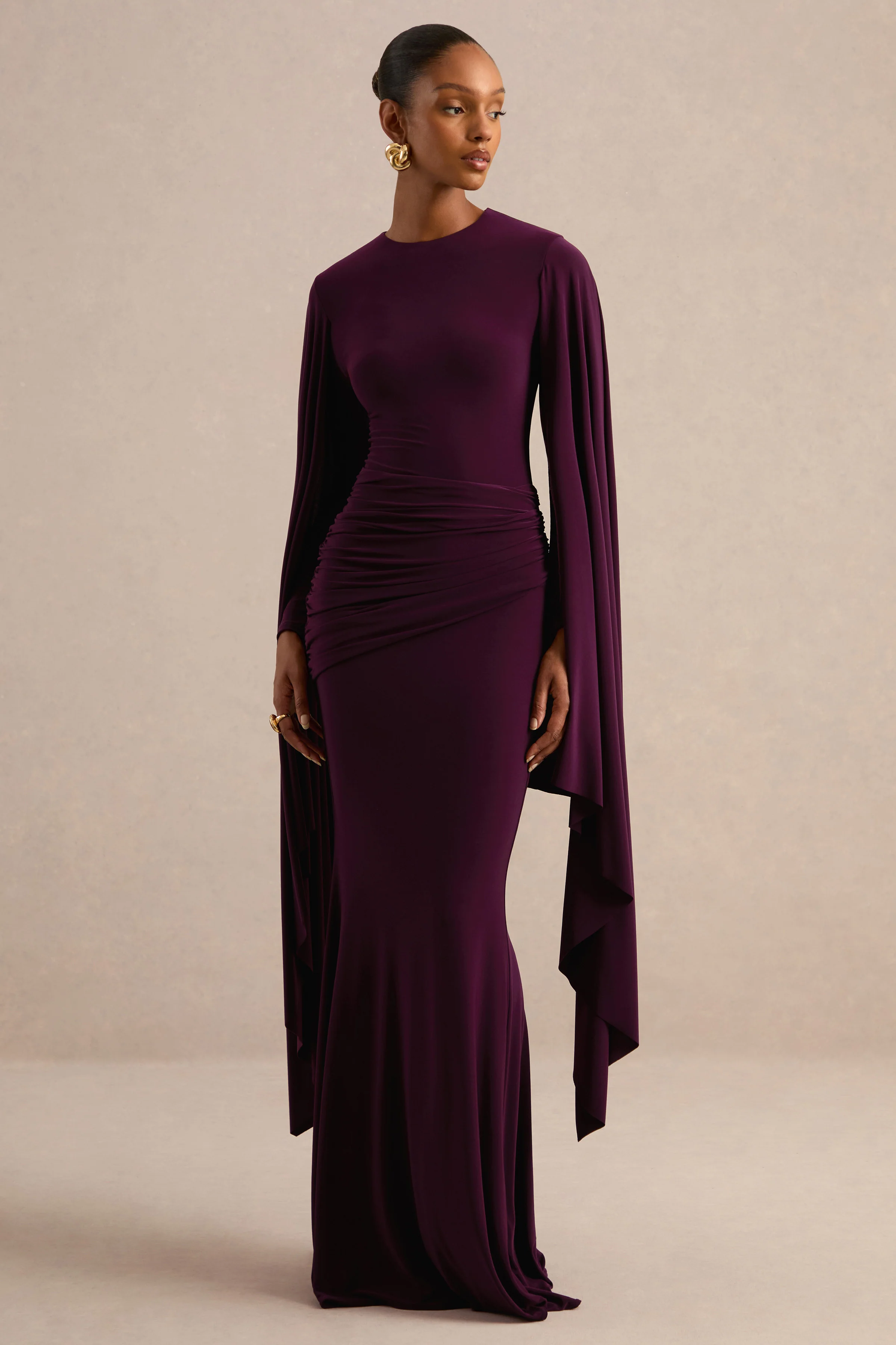 Sonaria | Purple Jersey Round Neck Long Sleeve Maxi Dress With Cape Sleeves And Draped Detailing