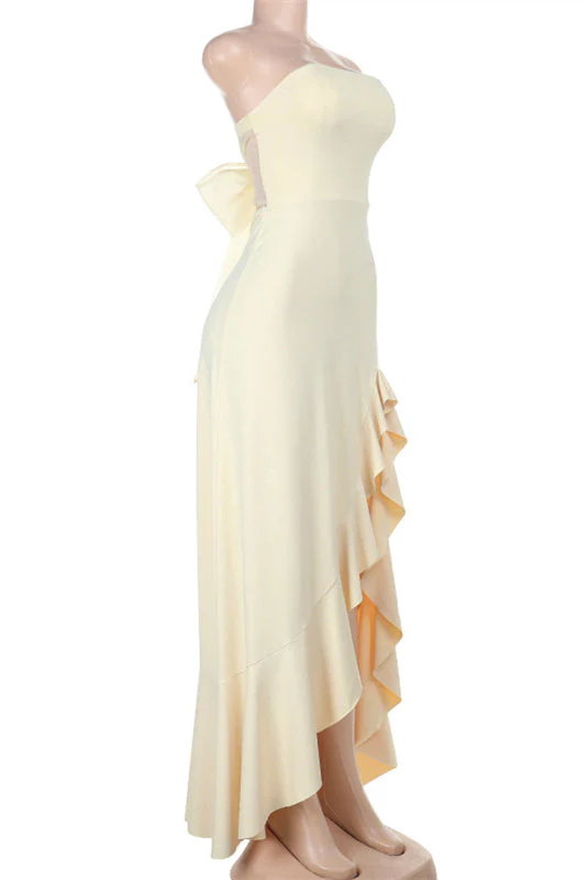 Strapless Yellow Frill Slit Long Dress