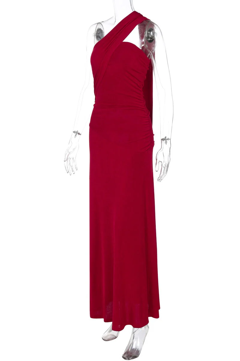 Red One Shoulder Fitted Maxi Dress