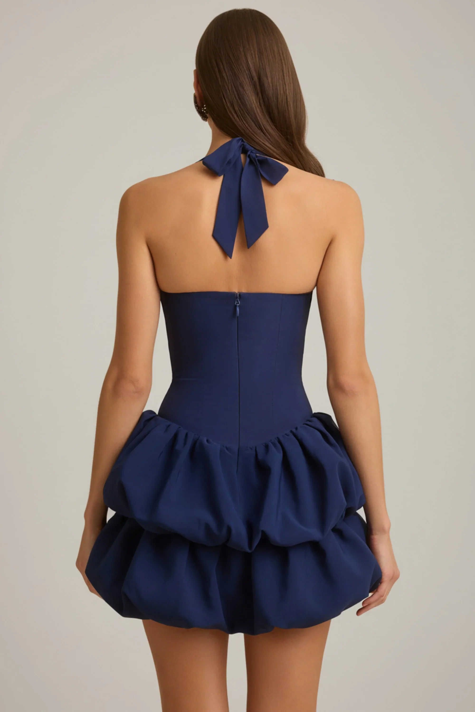 Halterneck Layered Bubble Hem Corset Mini Dress in True Navy