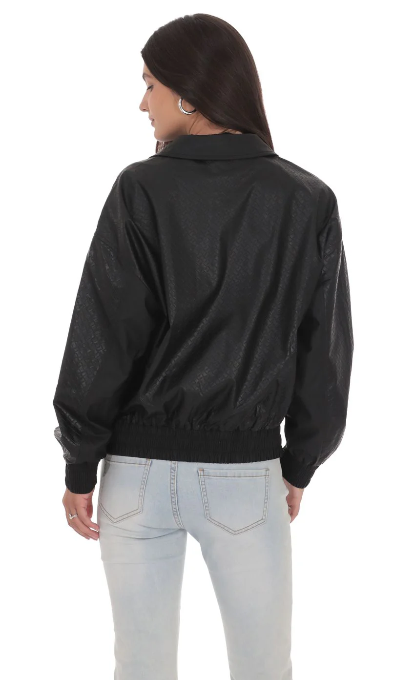 Woven Faux Leather Bomber Jacket in Black