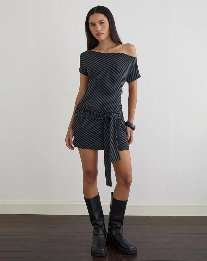 Genya Mini Dress in Oblique Stripe Ocean Storm