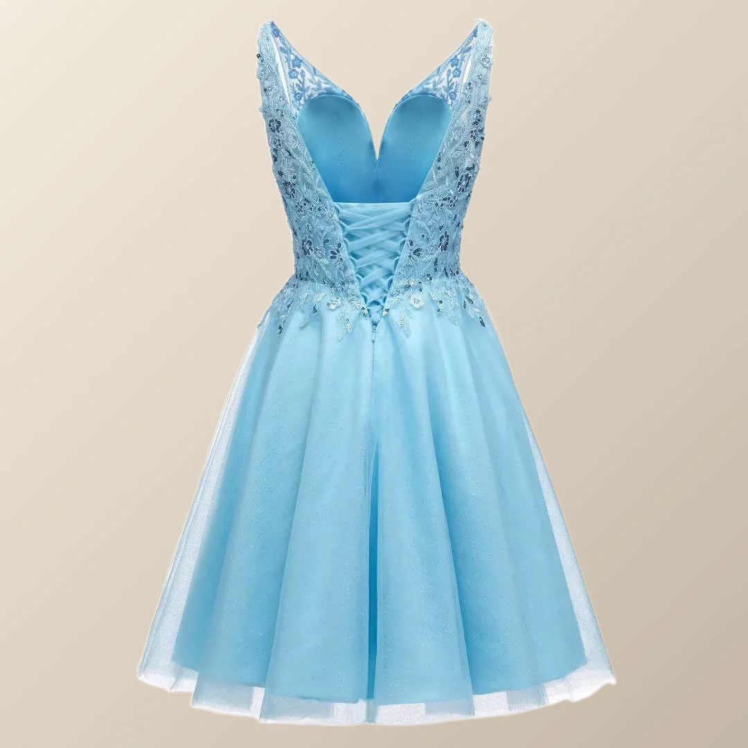 V Neck Blue Appliques Tulle A-line Short Dress
