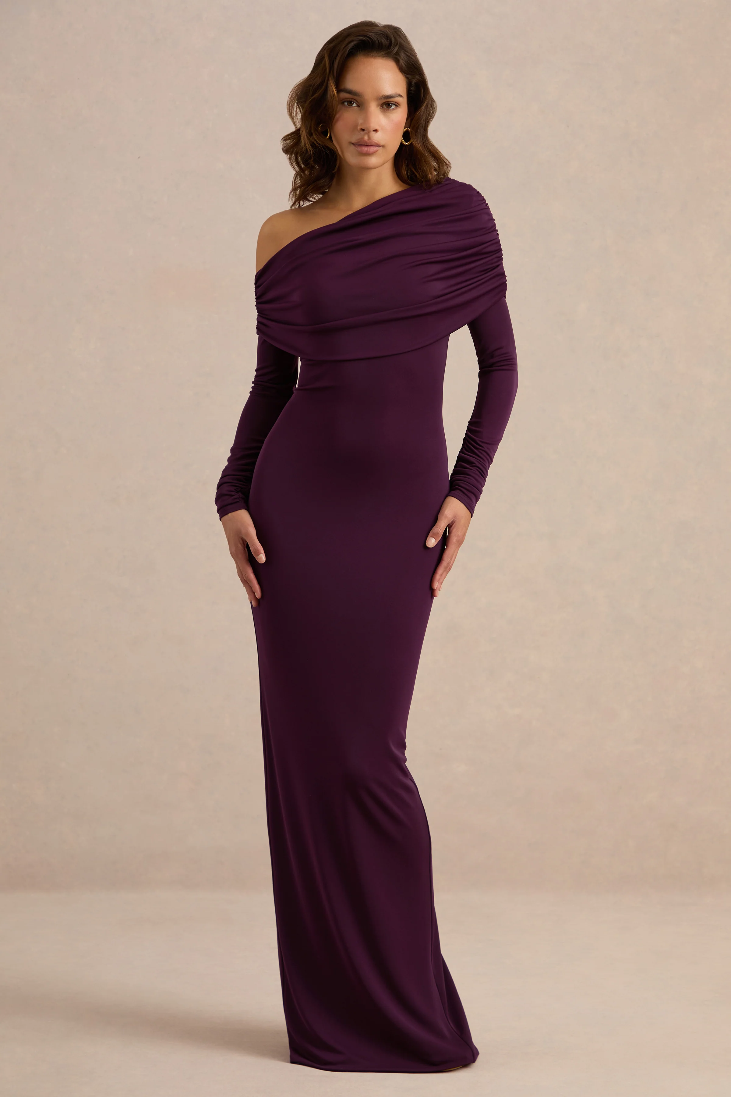Eulalie | Purple One Shoulder Long Sleeve Maxi Dress With Ruching