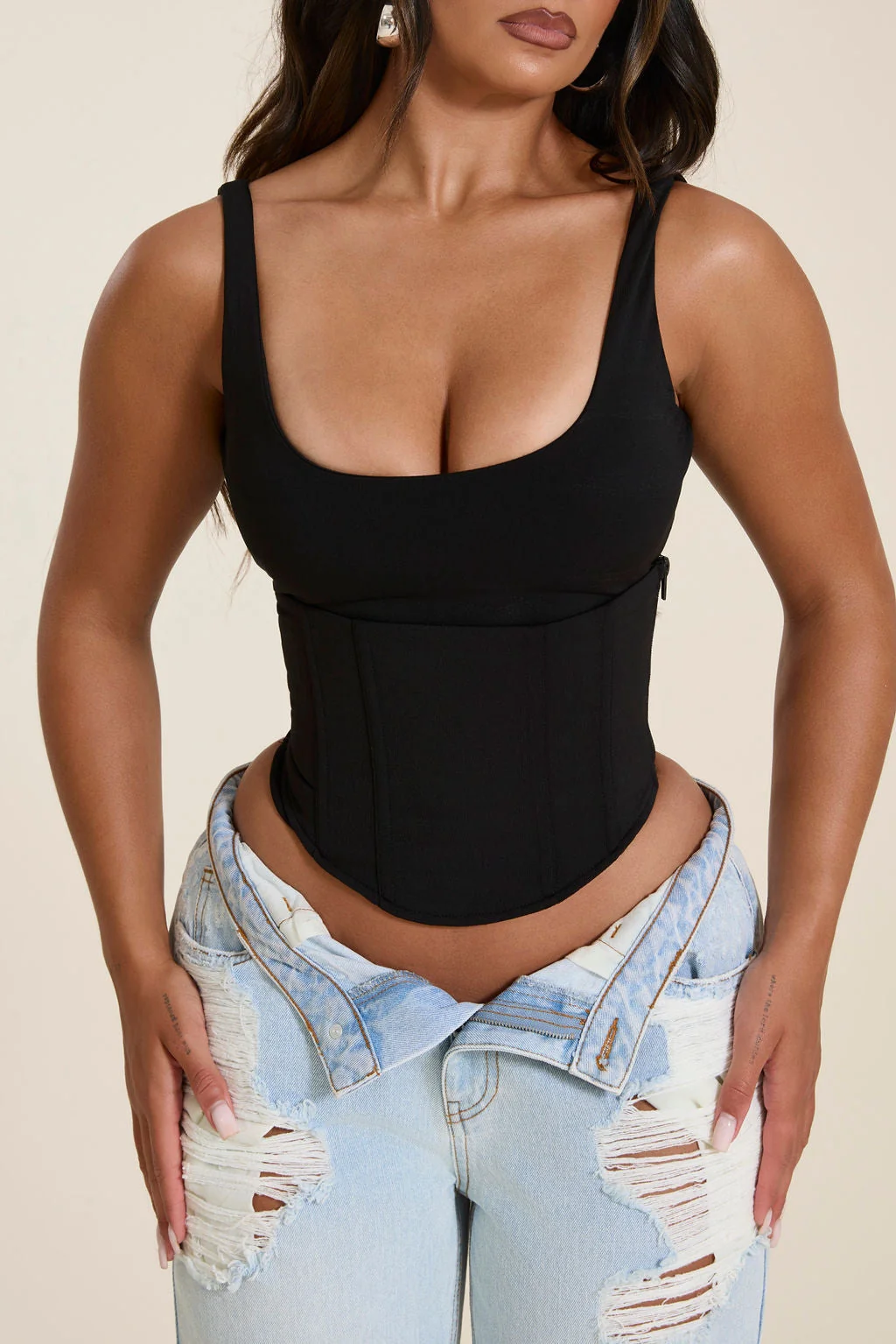 The Sandra Scoop Corset Vest Top in Black