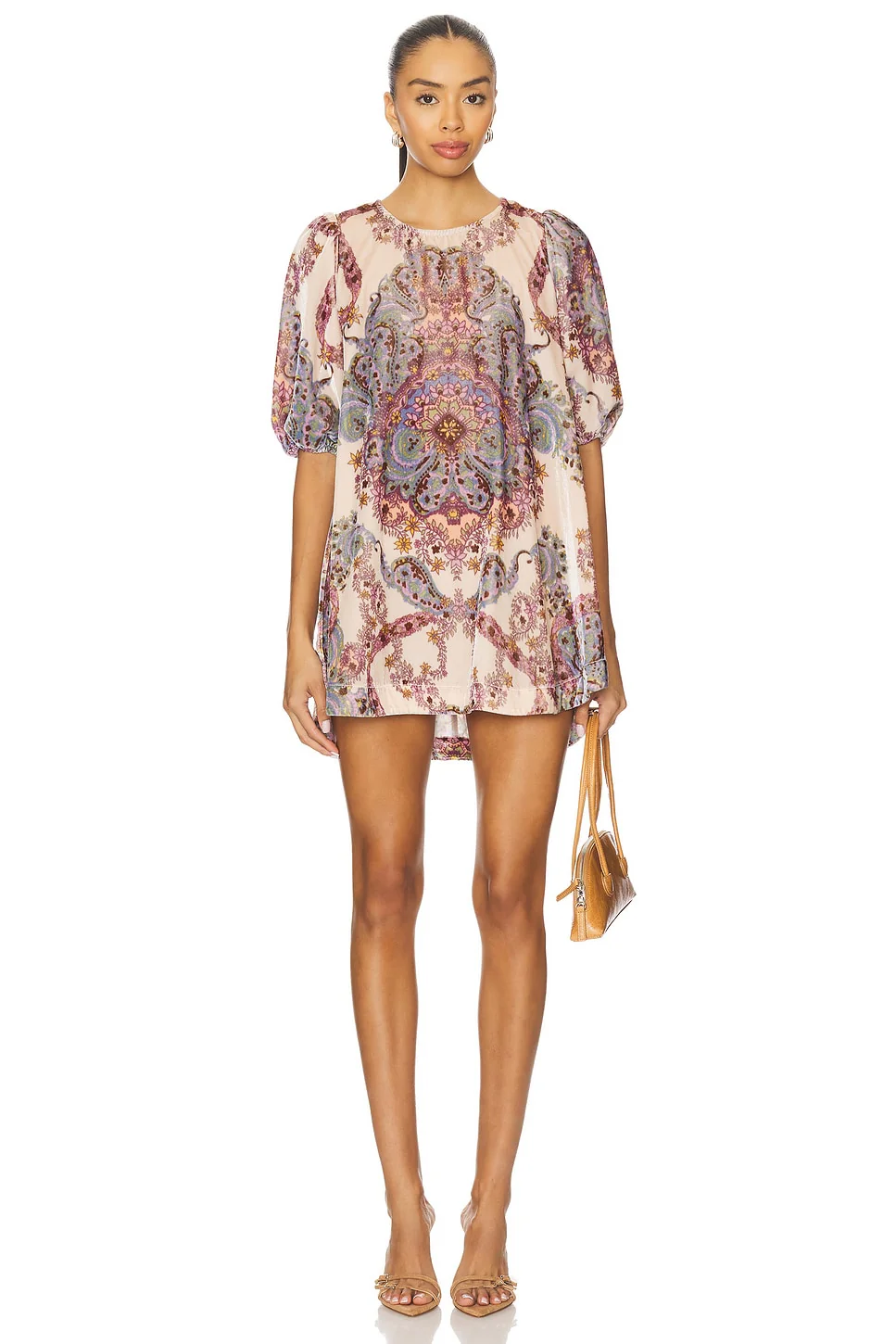 Maye Printed Velvet Tunic Dress In Tea Combo