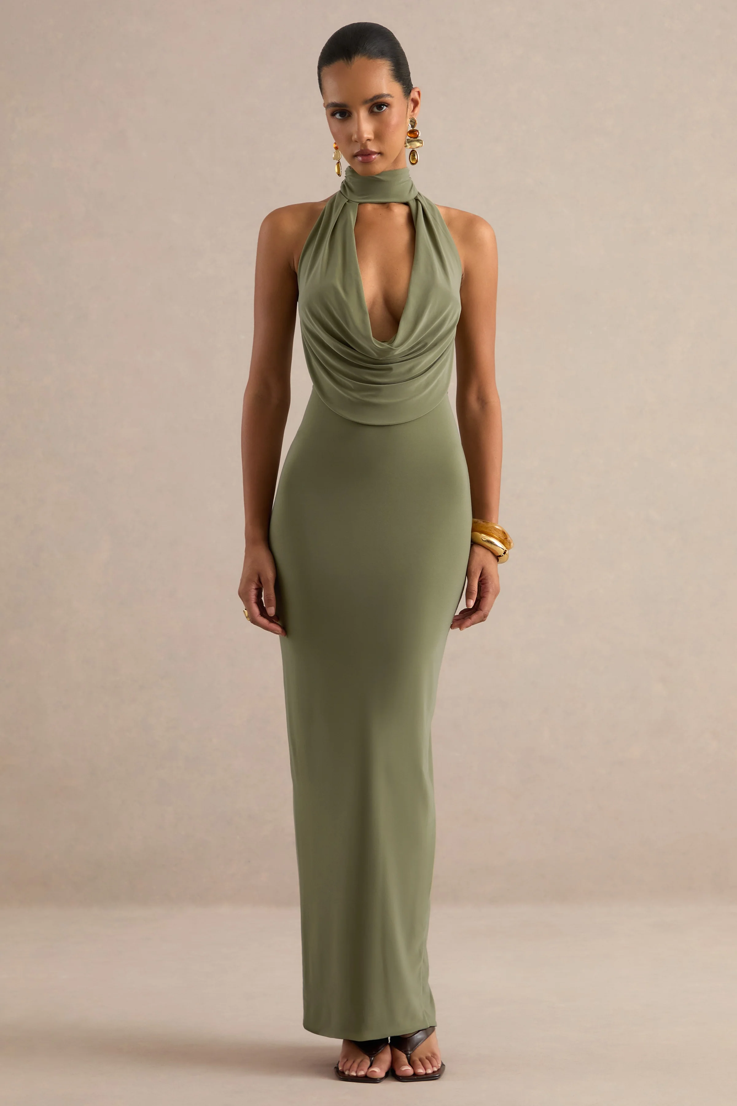Lucianae | Olive Jersey Cowl Maxi Dress With Open Back And Back Split