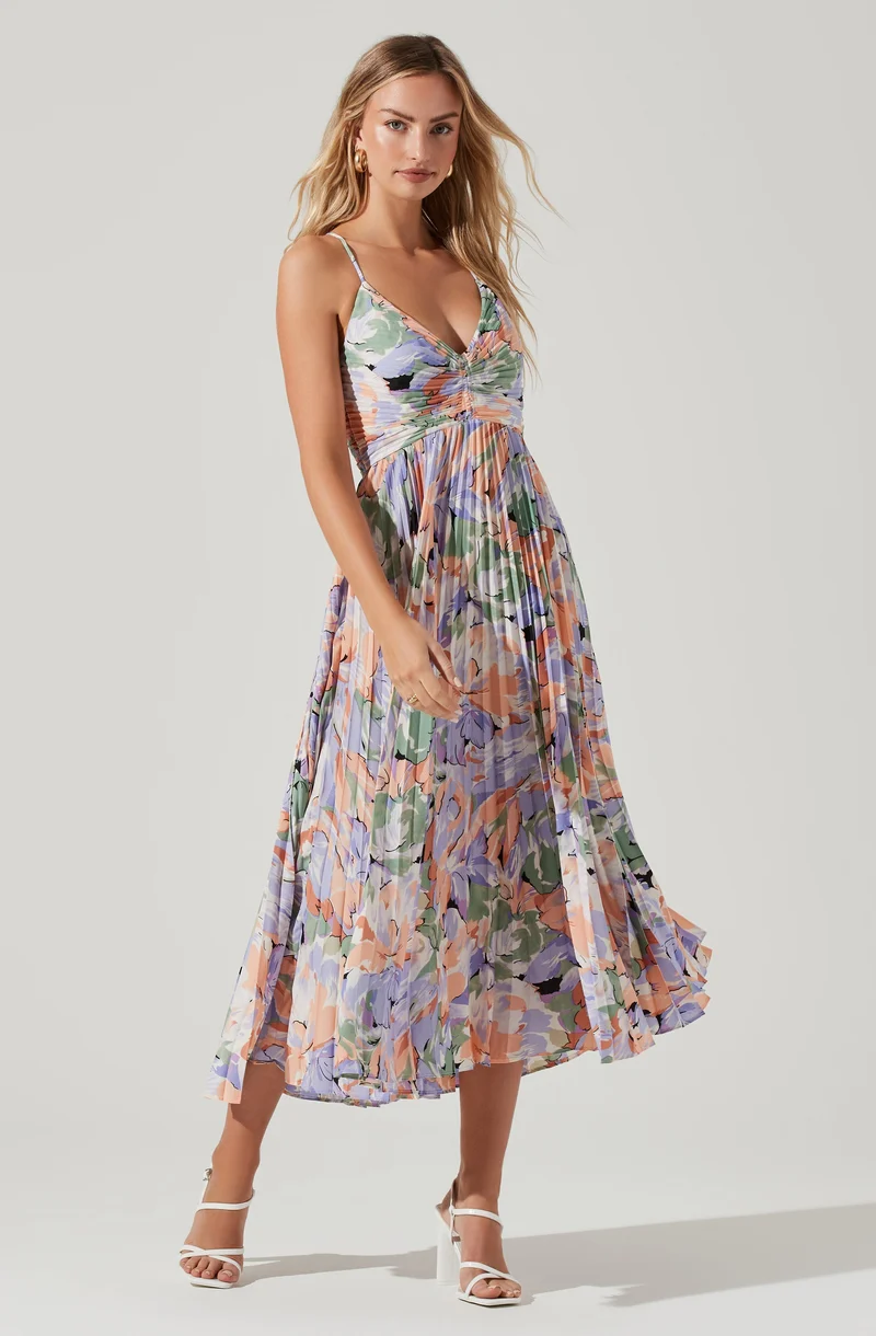Blythe Floral Plisse Midi Dress- Coral multi