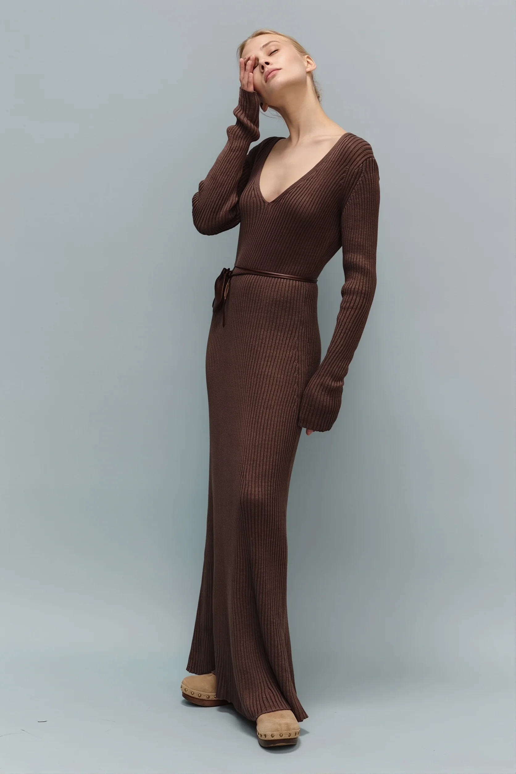 Solid Knit V-Neck Bodycon Maxi Dress