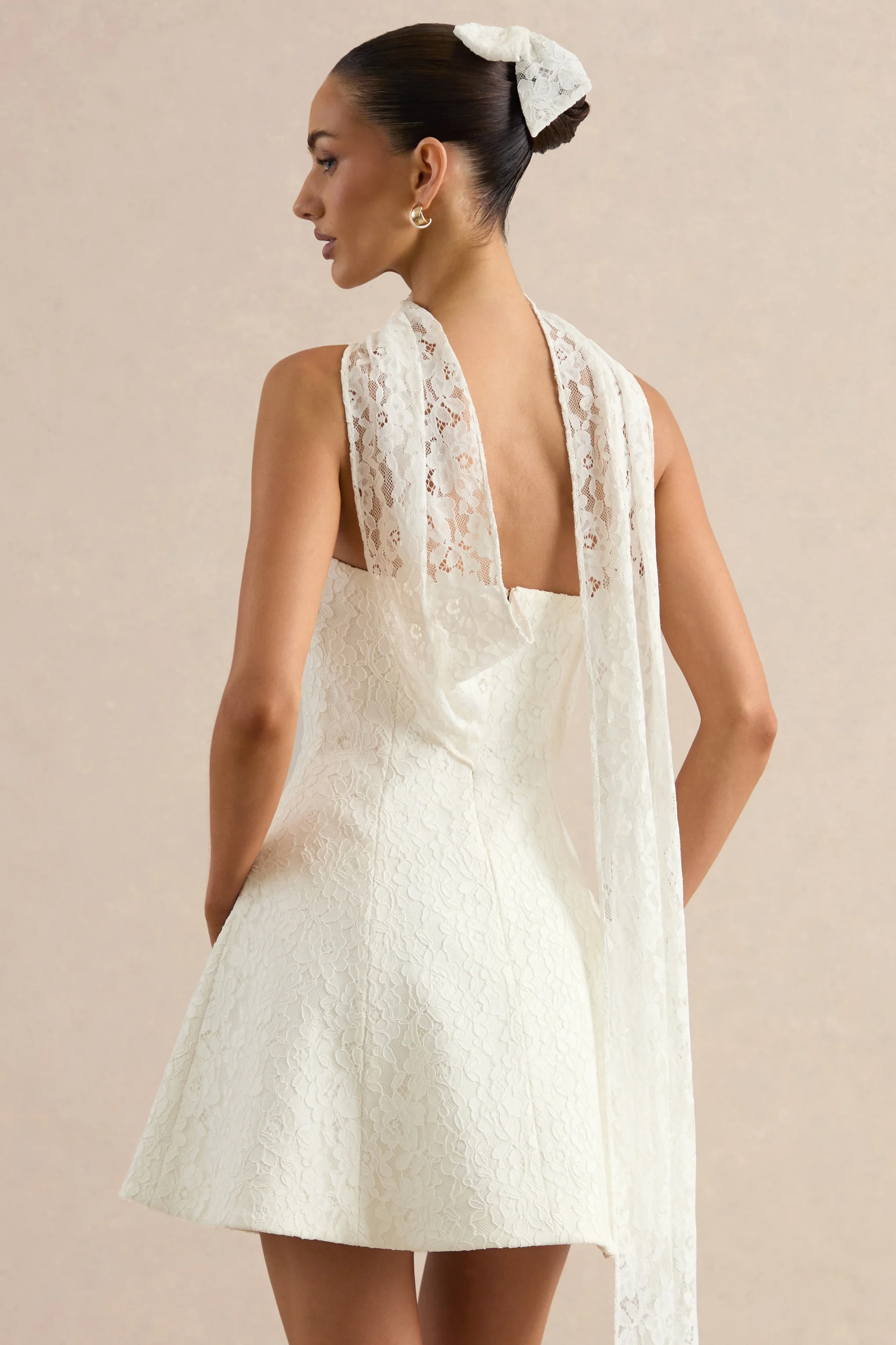 Elvara | White Lace Bandeau-Neck Mini Dress With Scarf Detail