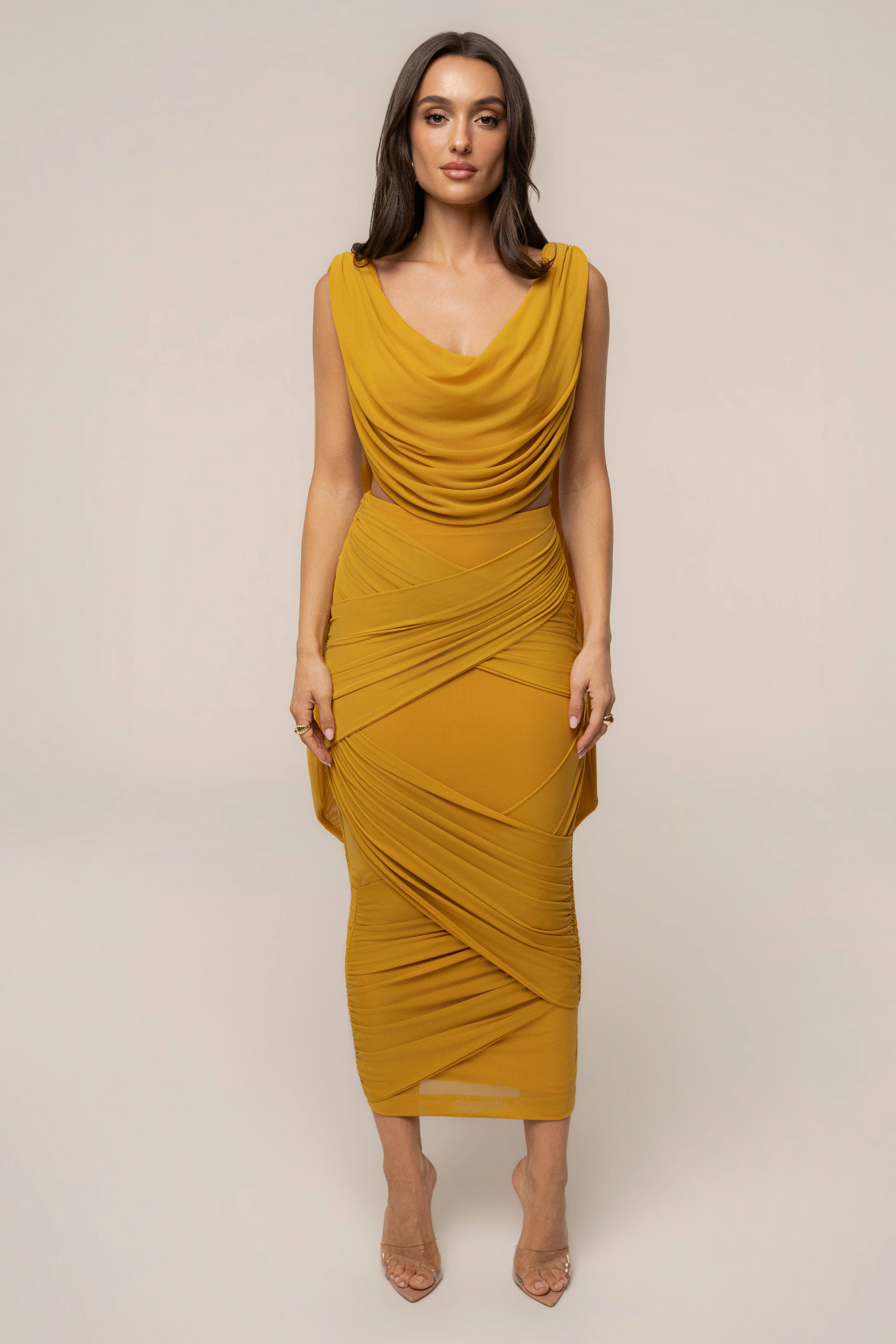 Yellow Divine Drape Mesh Skirt Set