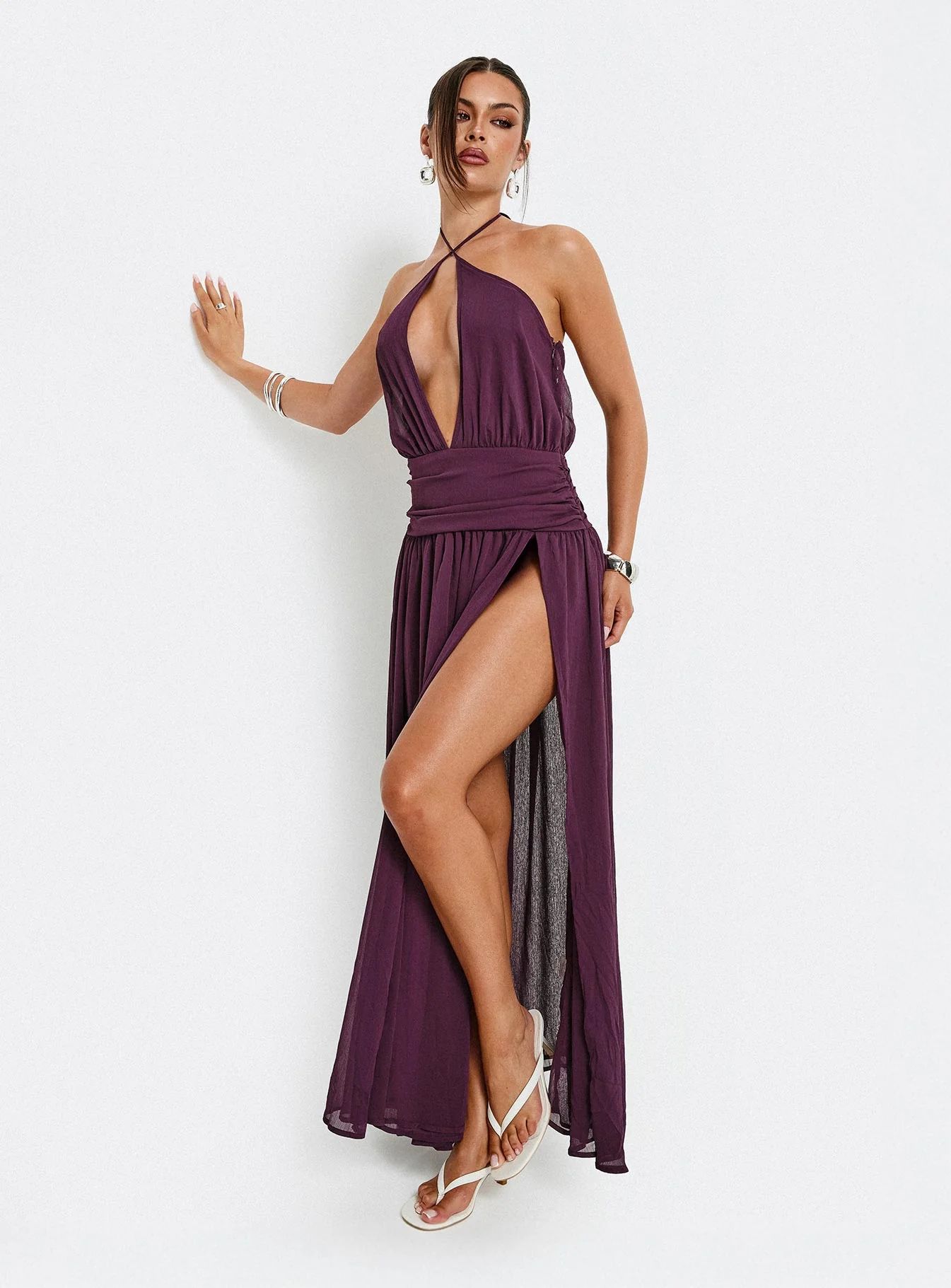 Catherina Blouson Halter Maxi Dress Deep Purple