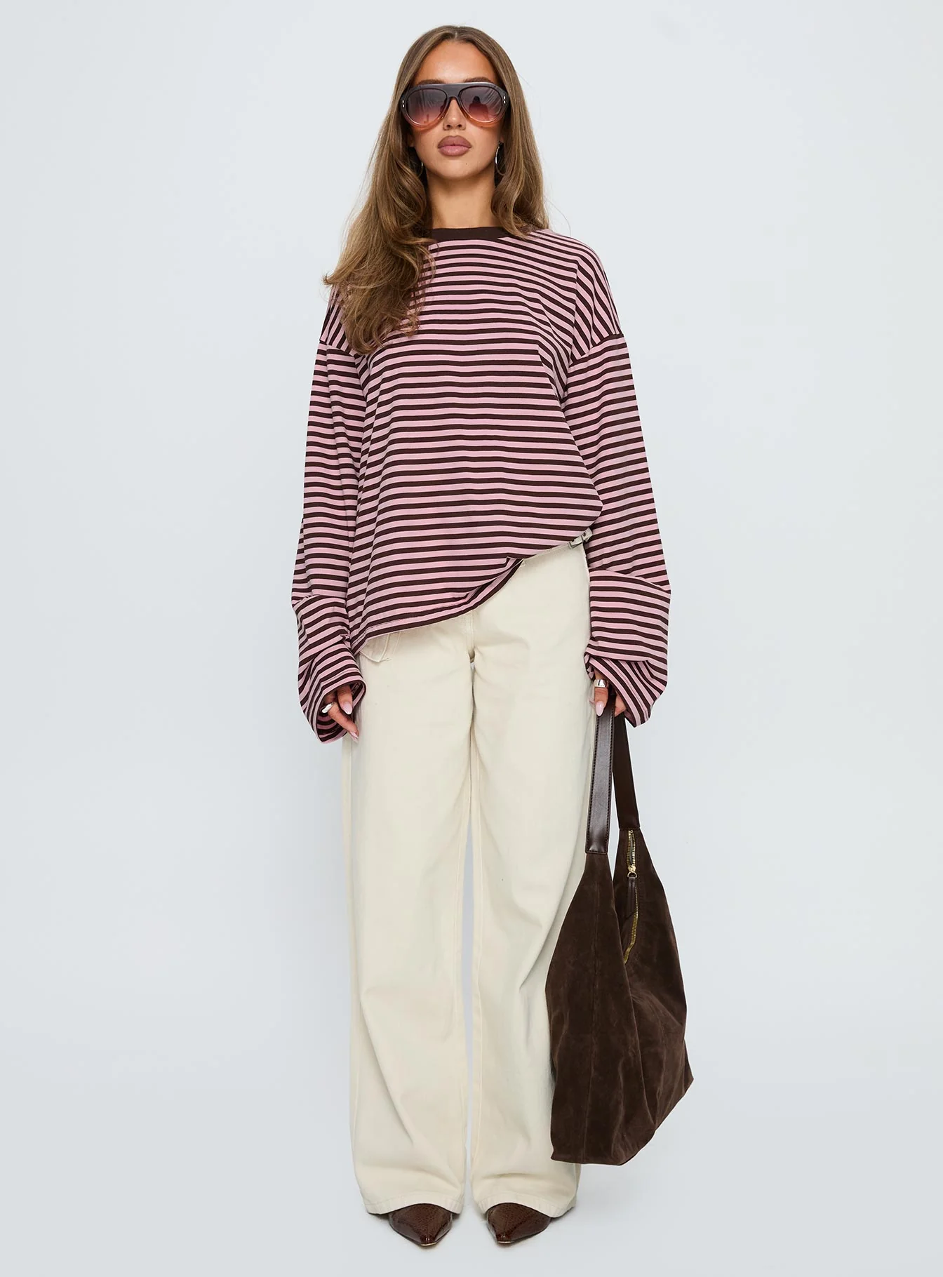 Settle Down Long Sleeve Top Pink / Brown Stripe