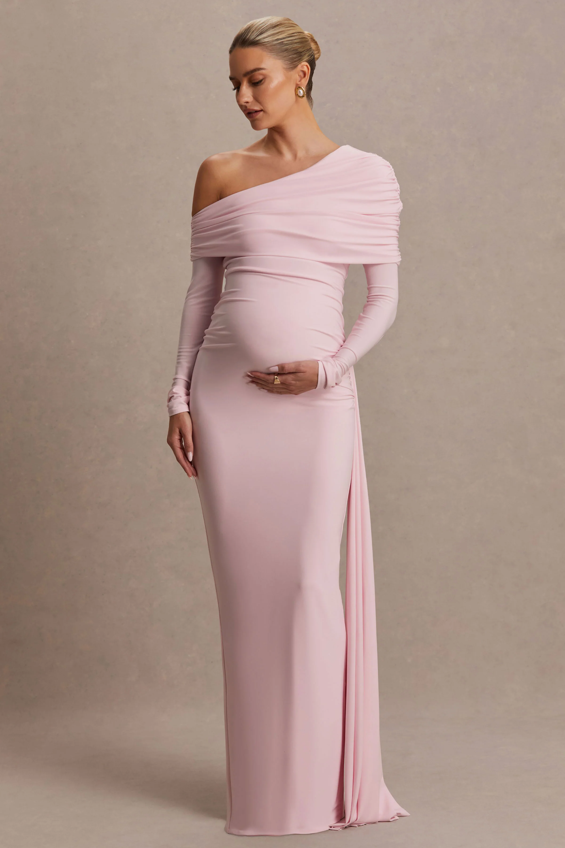 Amara | Blush Pink Asymmetric-Neck Maternity Maxi Dress With Sash Detail