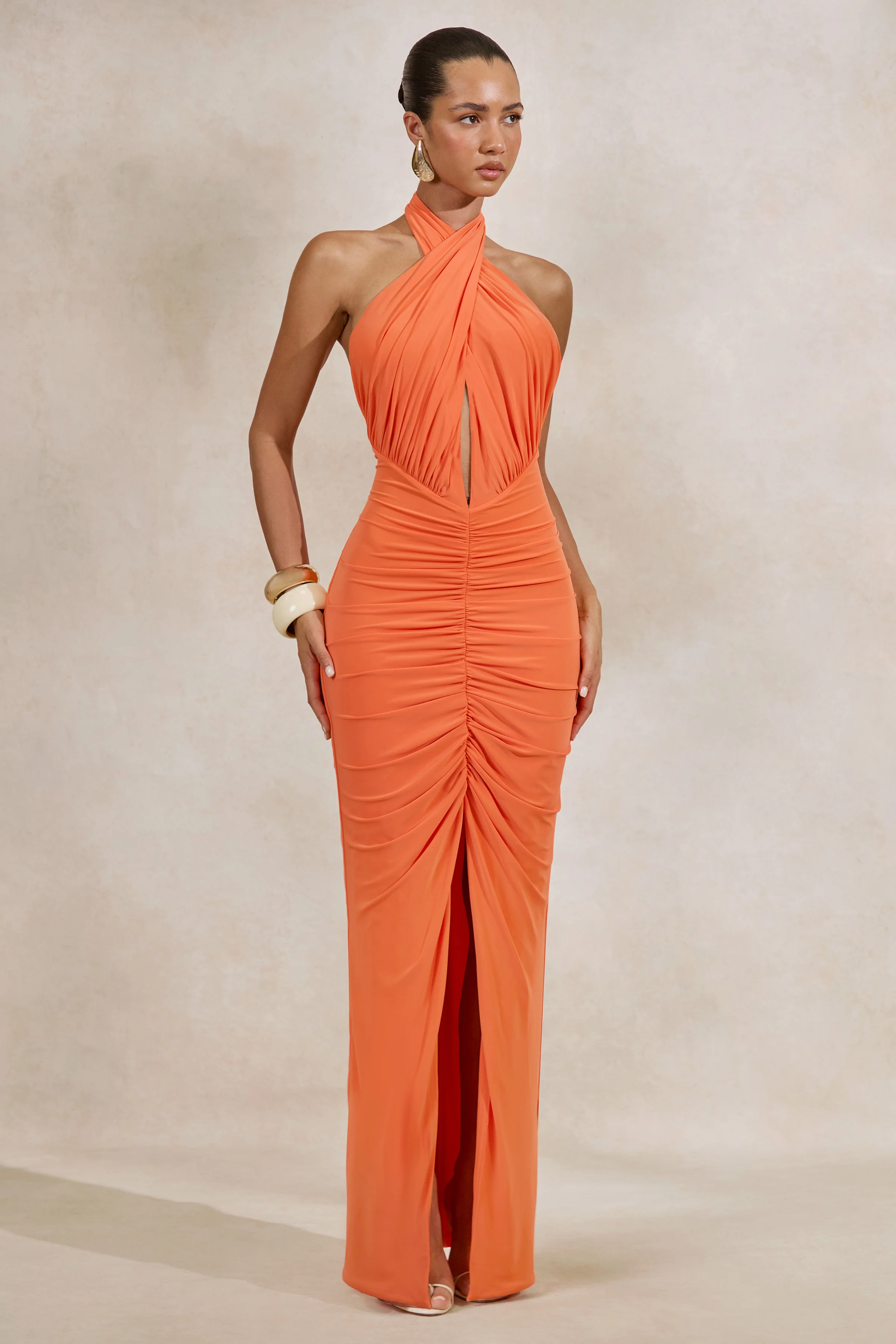 Alinor | Orange Jersey Wrap Ruched Halter Maxi Dress With Low Back And Split