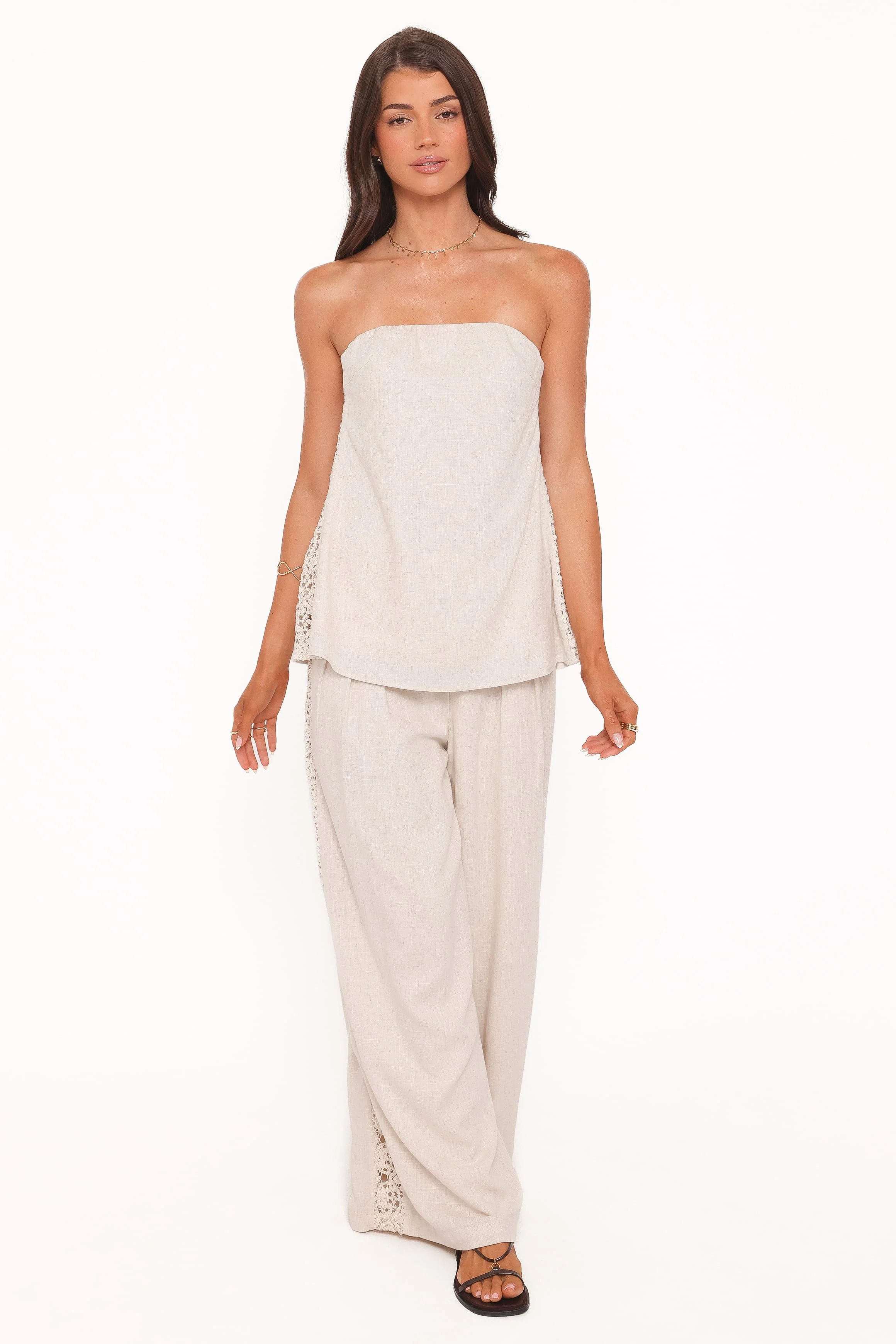 Arles Wide Leg Pants - Beige Lace