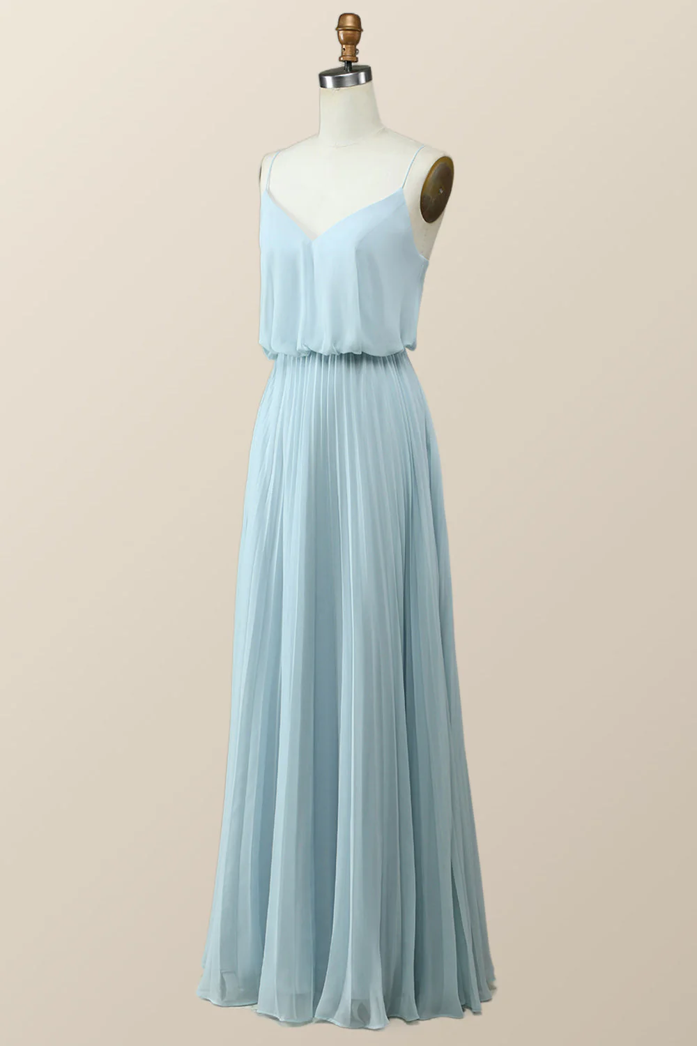 Straps Blue Pleated Full Length Dress