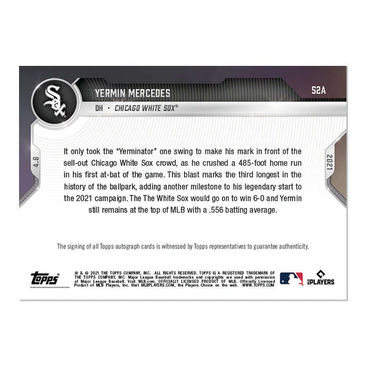 On-Card Auto # to 99 - Yermin Mercedes - 2021 MLB TOPPS NOW® Card 52A