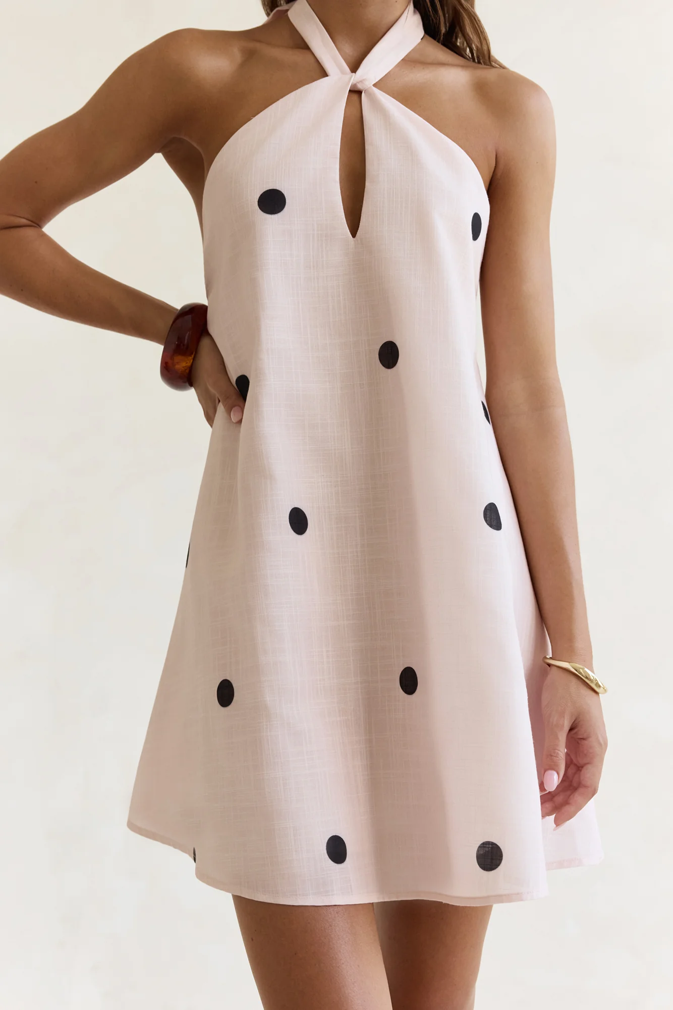 Faith In You Polka Dot Halter Mini Dress Beige