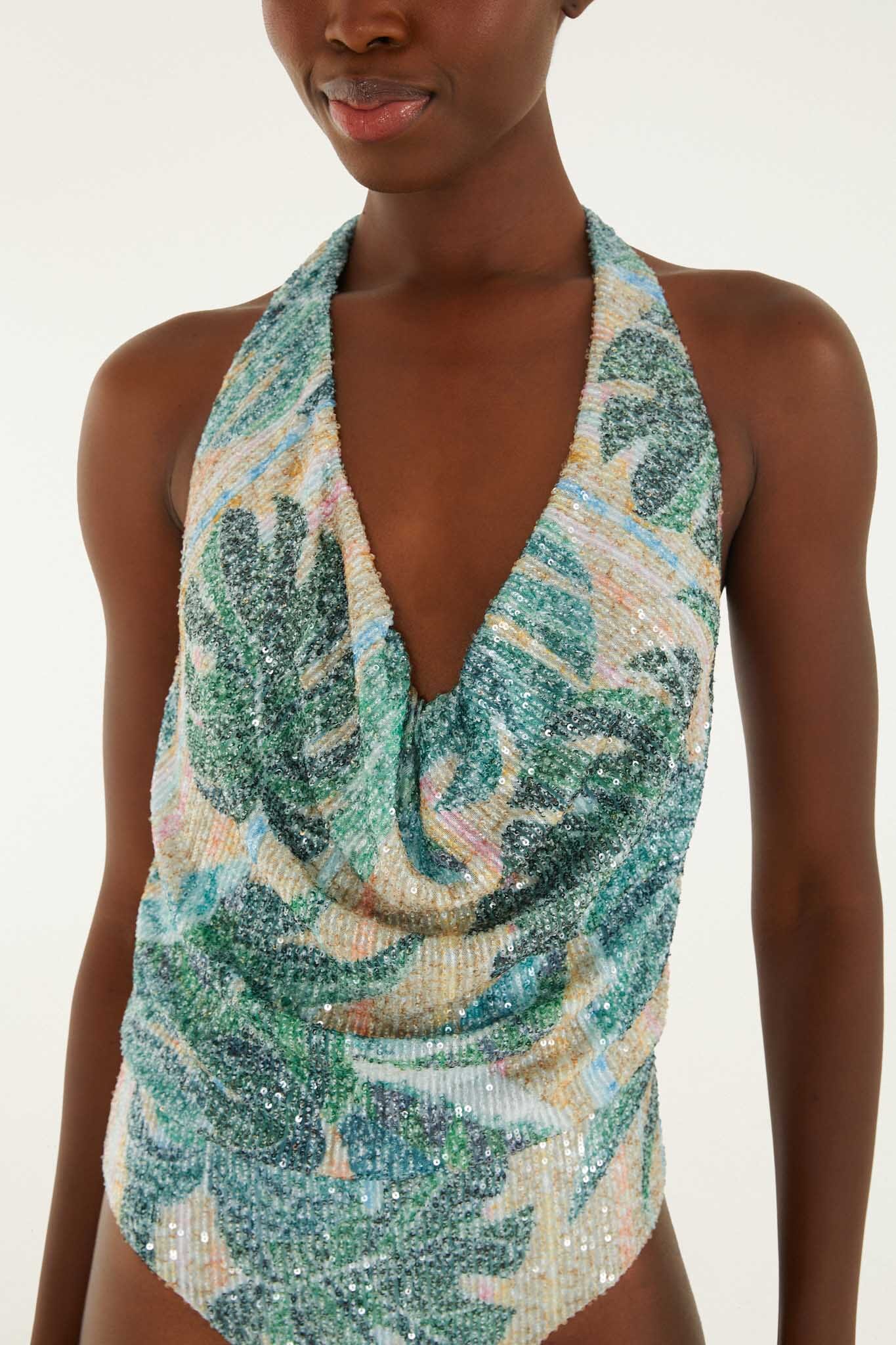 Green Mosaic Sequined One Piece Swimsuit