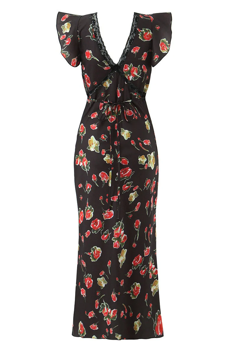 Black Printed V-Neck Long Dress with Lace Trim