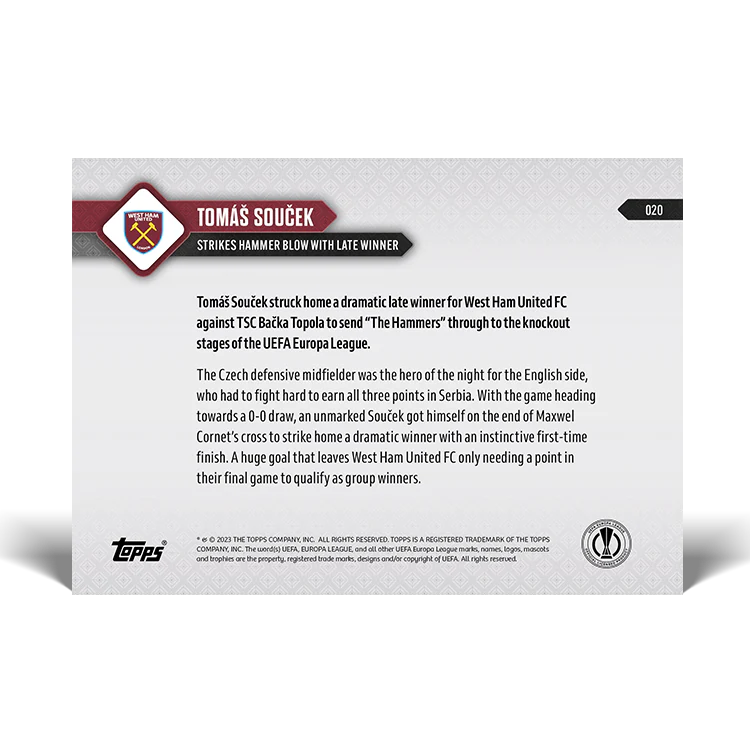 Topps UK - Tomáš Souček - Strikes Hammer blow with late winner - UEL TOPPS NOW® Card #20