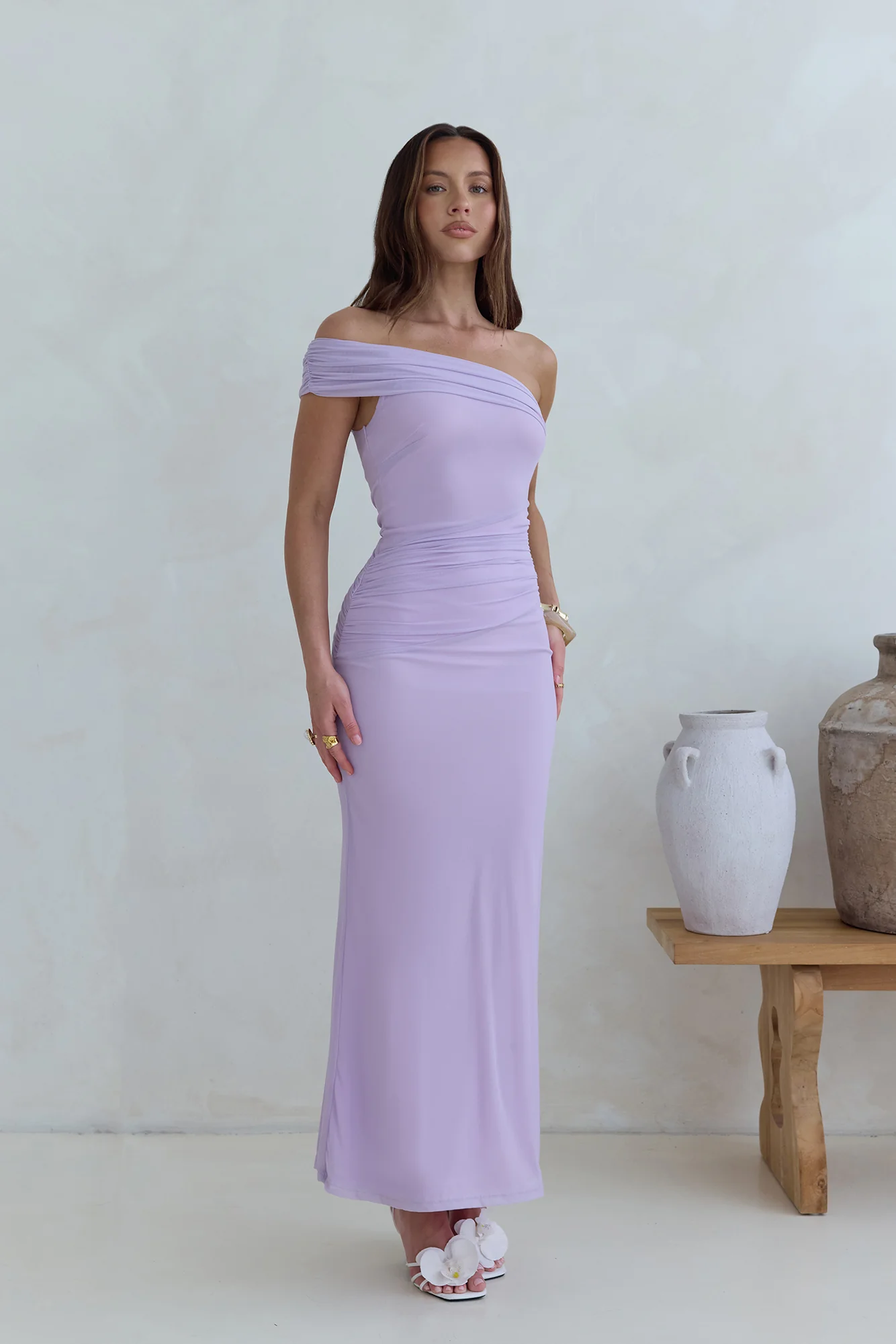 Dahlia One Shoulder Mesh Maxi Dress Lilac