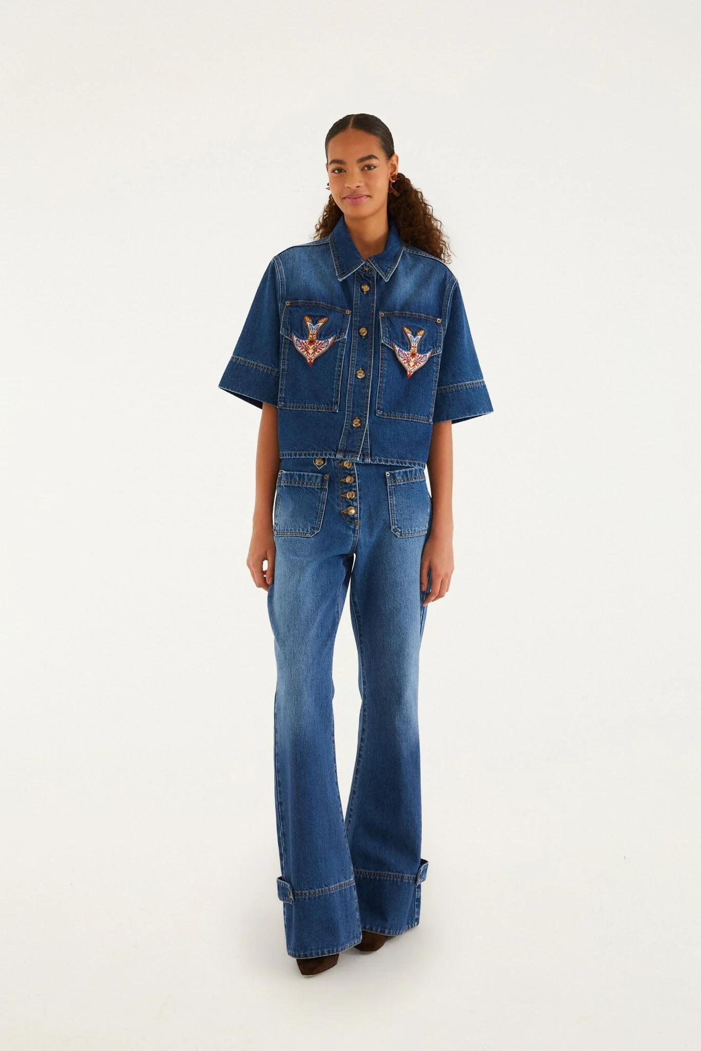Denim Porcelain Birds Embroidered Shirt