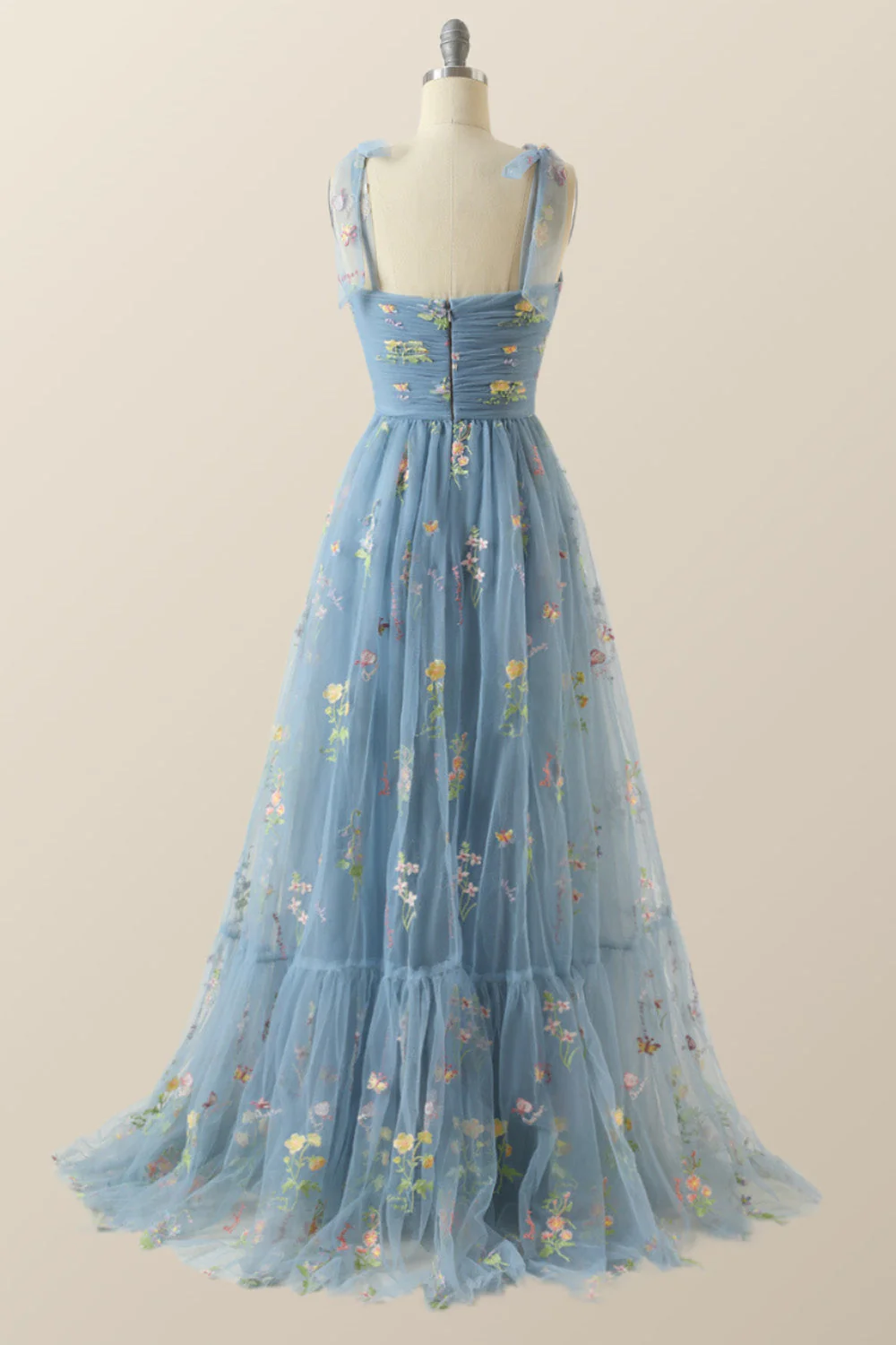 Blue A-line Embroidered Long Formal Gown