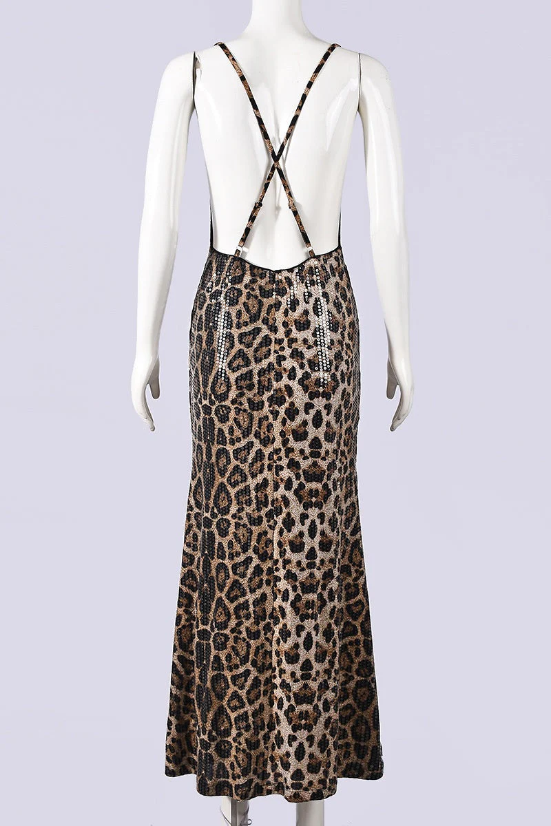 Leopard Sequin Cowl Neck Fitted Long Dress