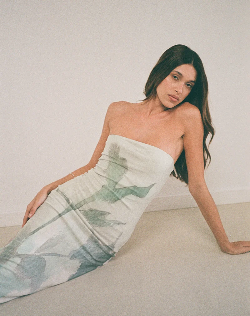 Rosbandi Bandeau Midi Dress in Abstract Painted Flower Blue