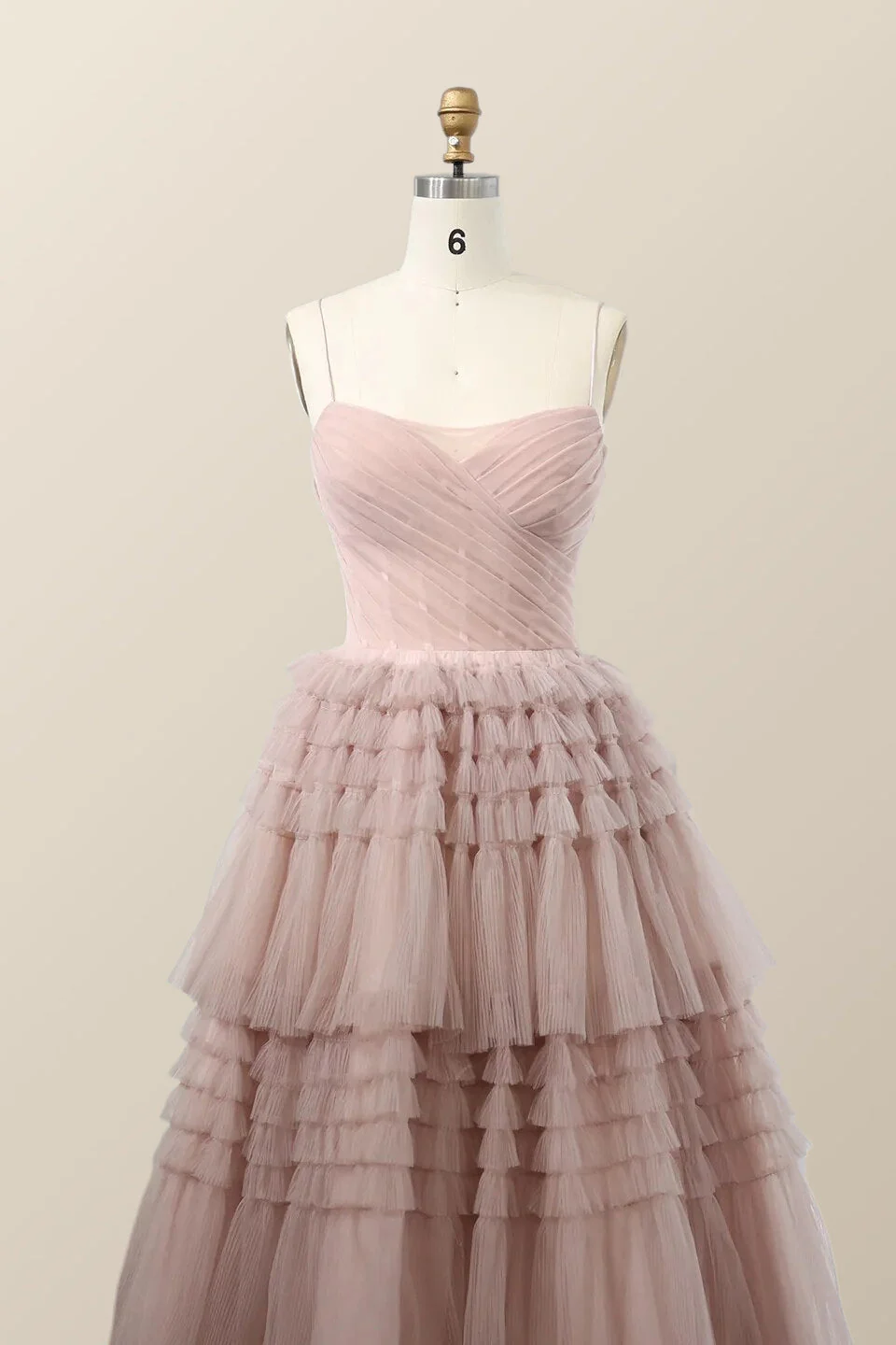 Straps Blush Tulle Tiered Long Formal Dress