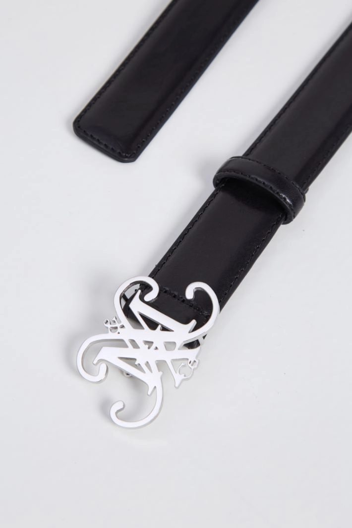 Geometric-buckle leather belt - BLACK