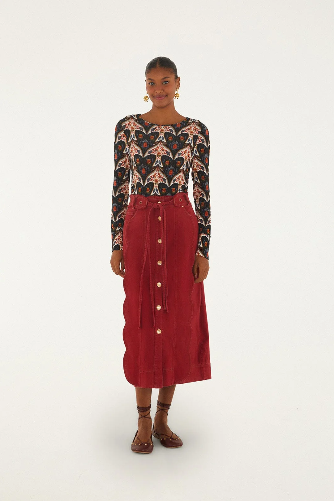 Red Buttoned Belted Wavy Midi Skirt