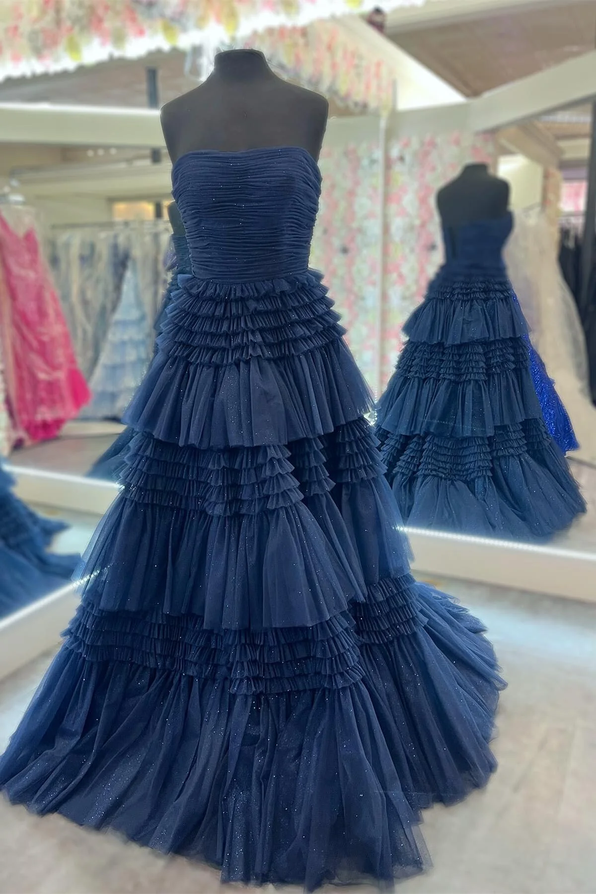 Strapless Periwinkle Tulle Tiered Formal Dress