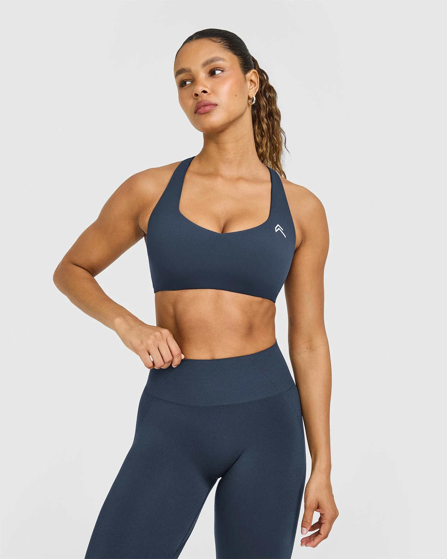 EasyLift™ Cross Back Sports Bra with White Logo | True Blue