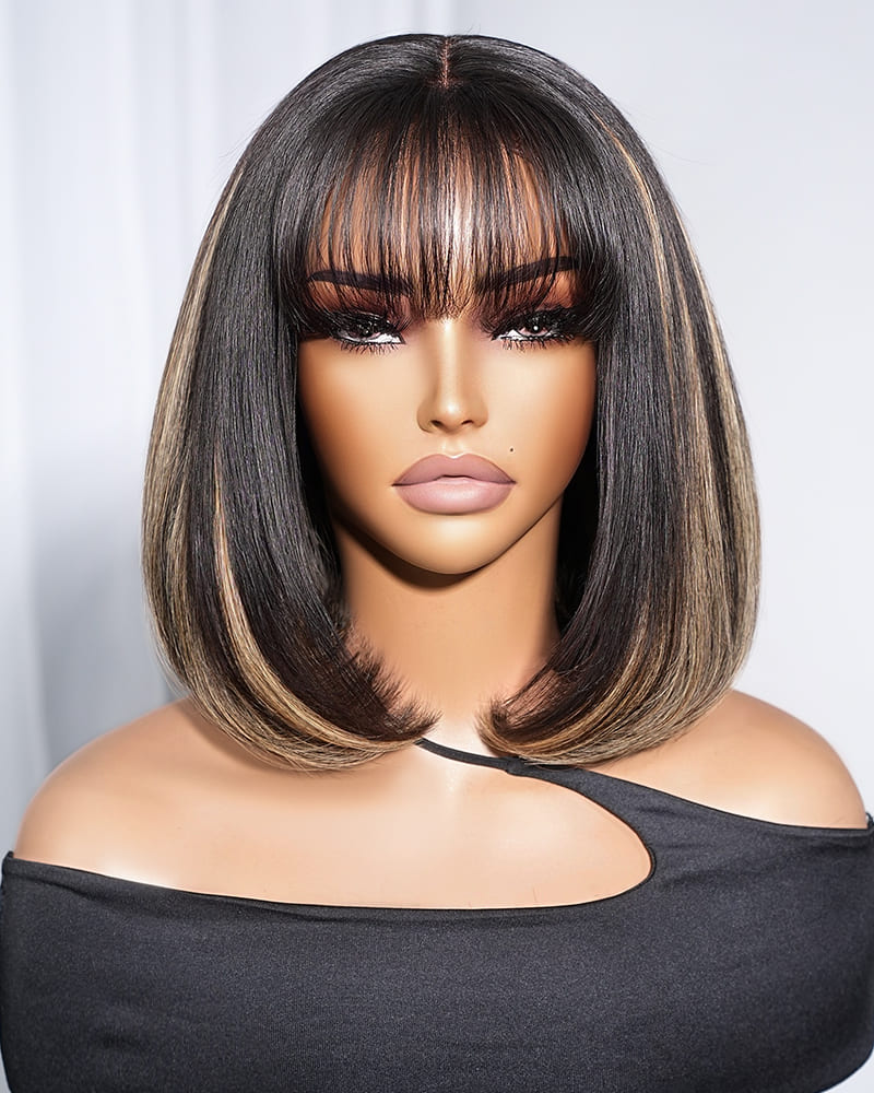 Ophirawig 6x6 inches Lace Balayage Highlights On Black Hair Straight Bob Wig with Bangs 100% Human Hair Wig