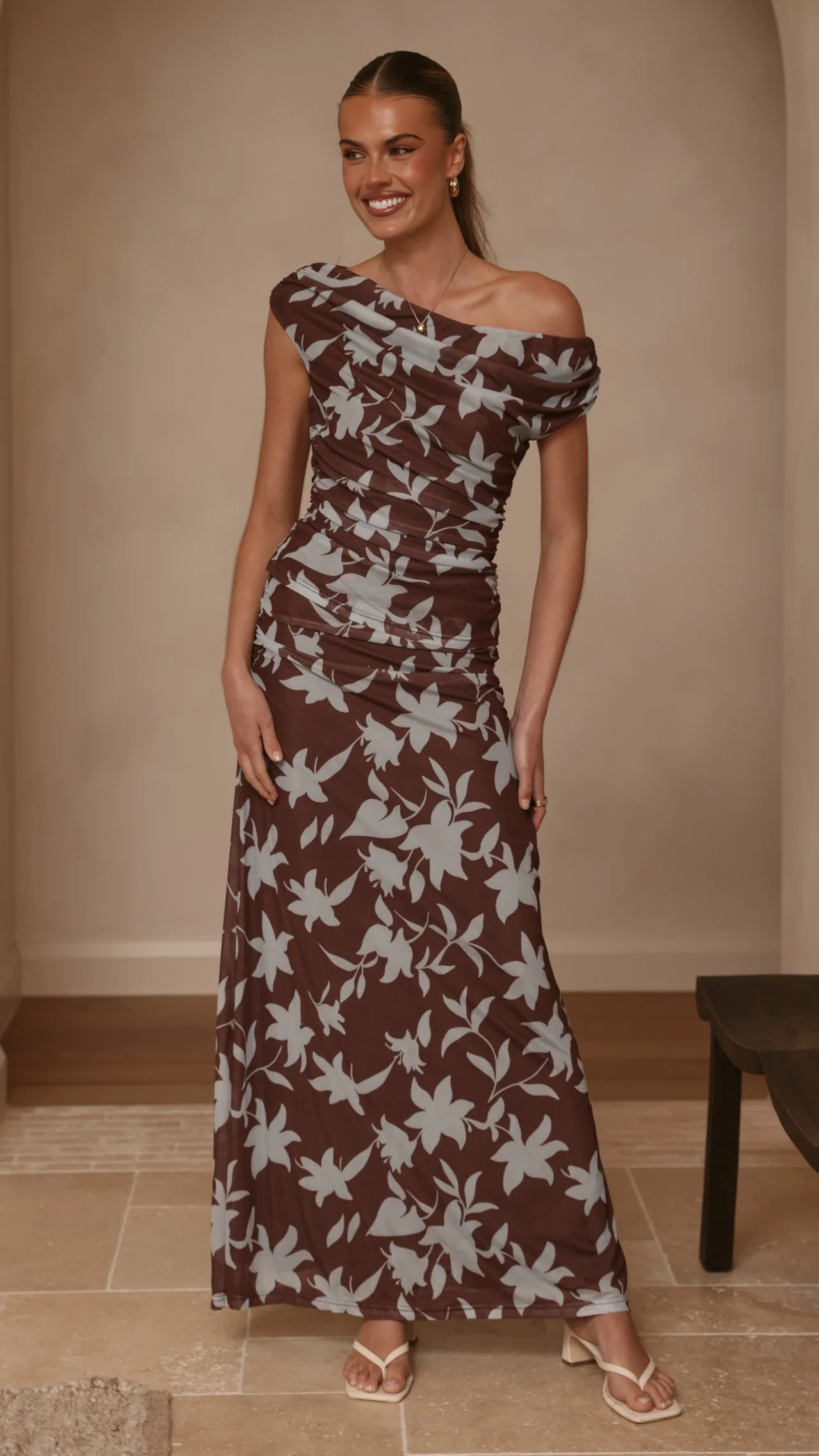 Nova Maxi Dress - Chocolate/Blue Print