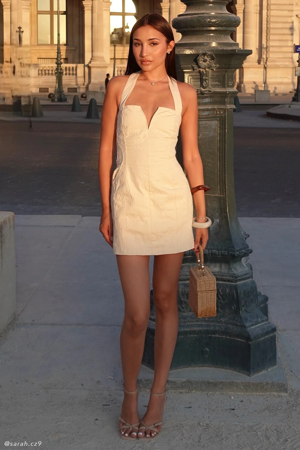 Ebony Embroidered Denim Mini Dress - Cream