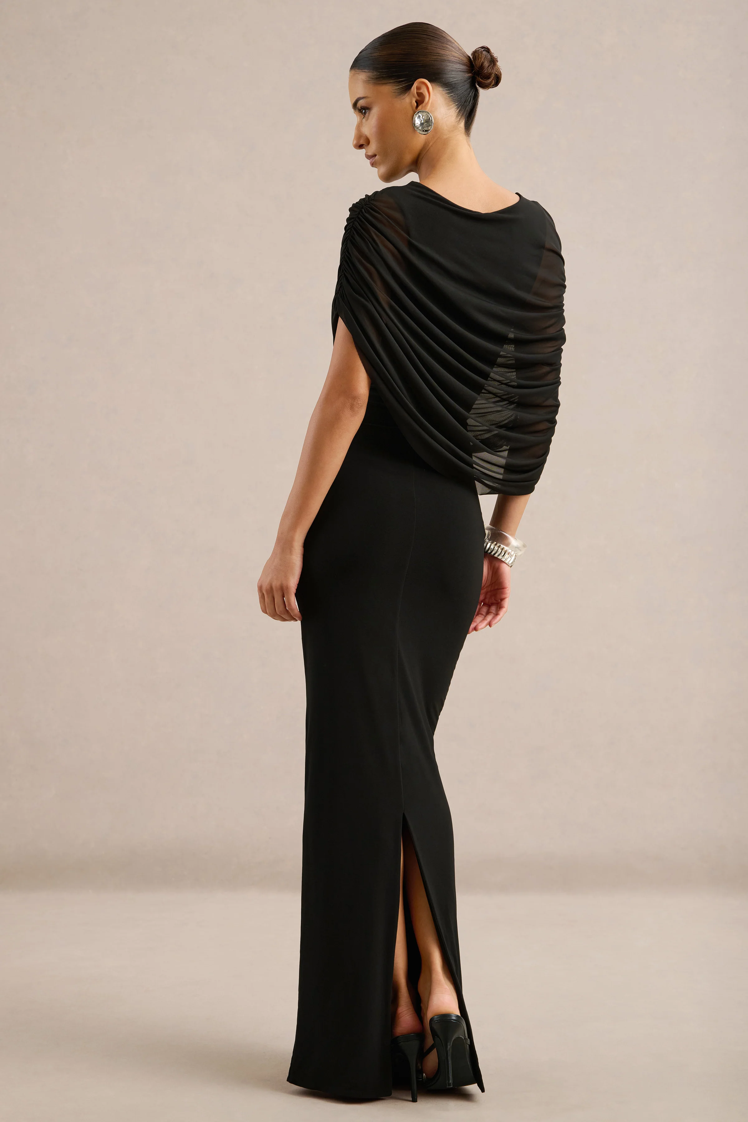 Ciana | Black Jersey Ruched Round neck Short Sleeve Maxi Dress With Draped Detailing And Back Split