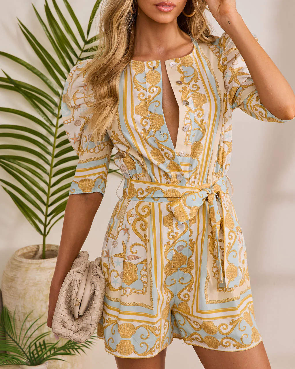 Golden Shore Nautical Print Waist Tie Romper