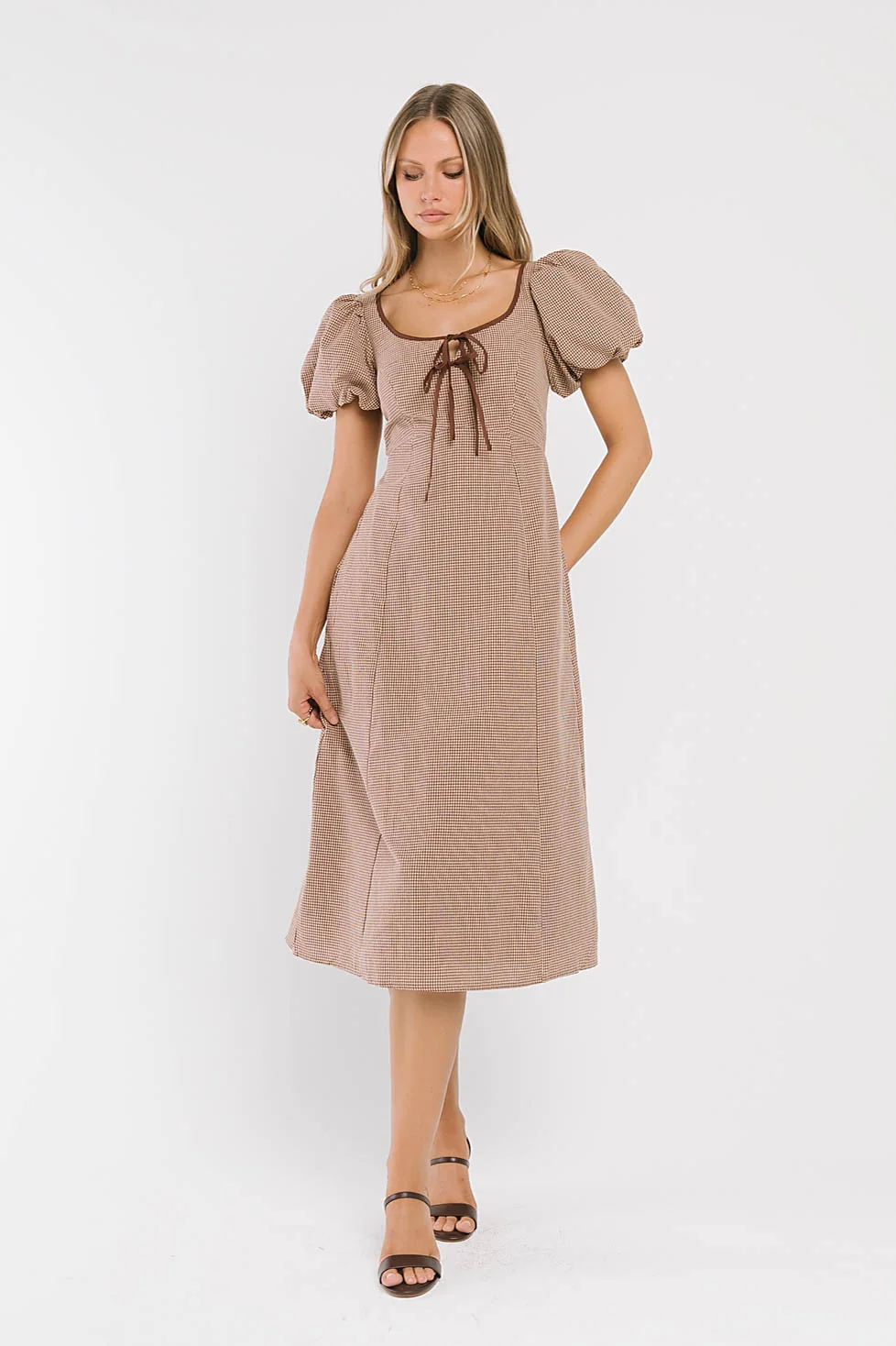 Elle Gingham Midi Dress in Tan
