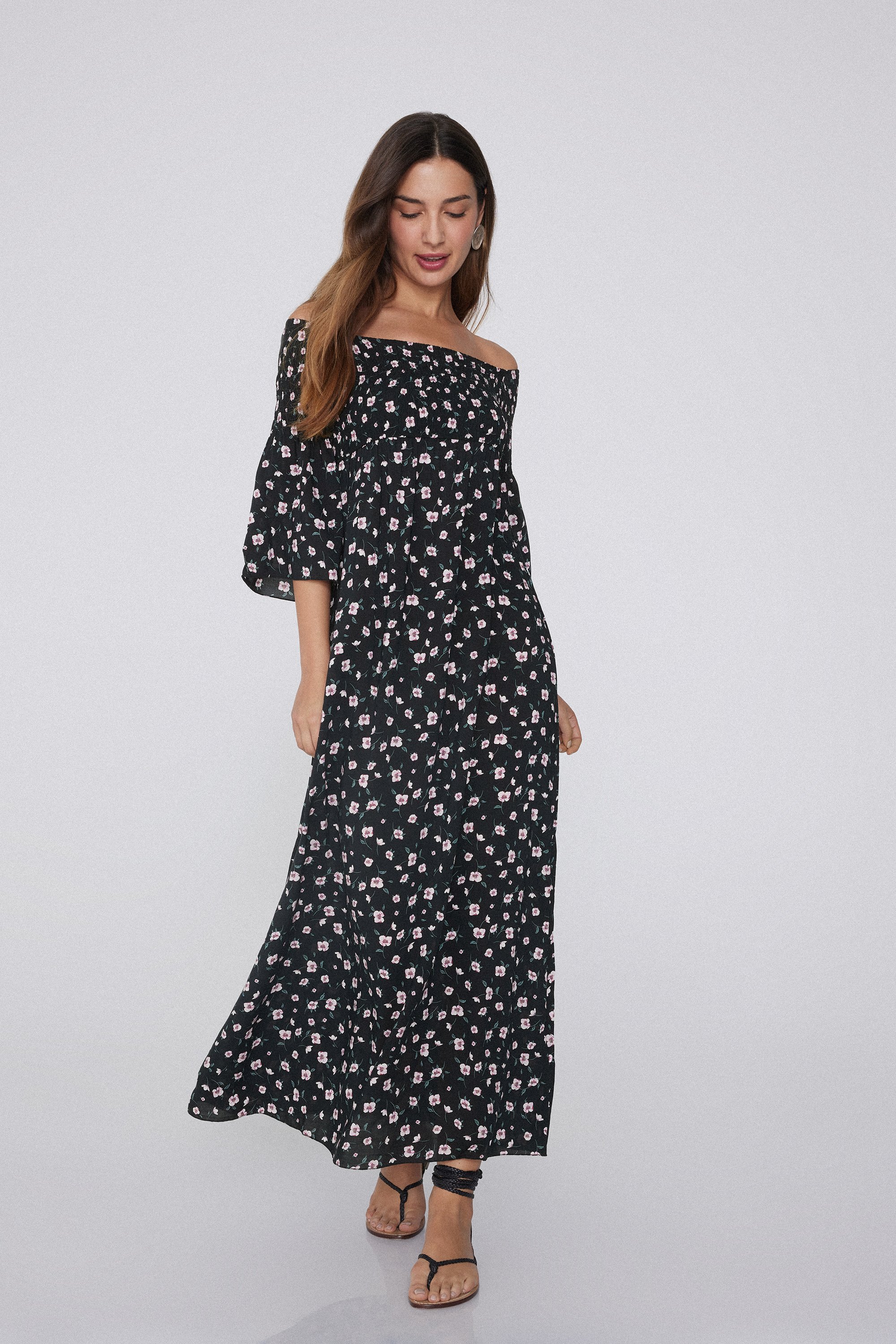Long Stitched-Smock Off-The-Shoulder Dress
