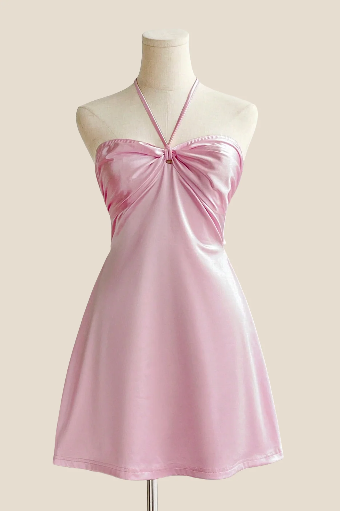 Halter Sage Green Back Tie A-line Short Dress