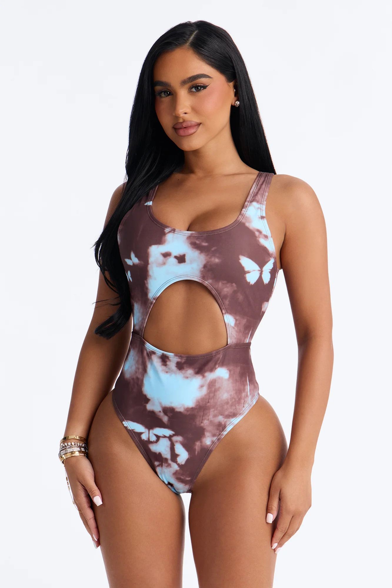 Monarch Wave Stretch 1 Piece Butterfly Tie Dye Front Cut Out Swimsuit With Sarong - Brown/combo