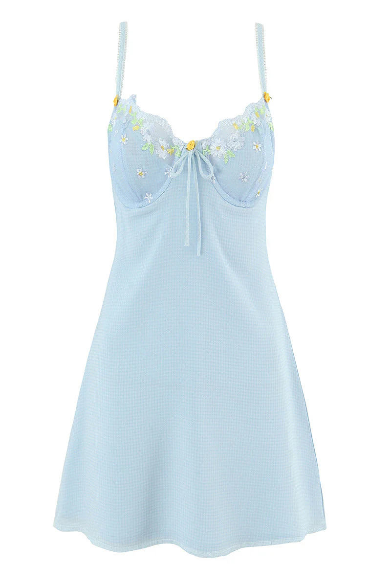 Blue Flower Embroidered A-line Short Dress