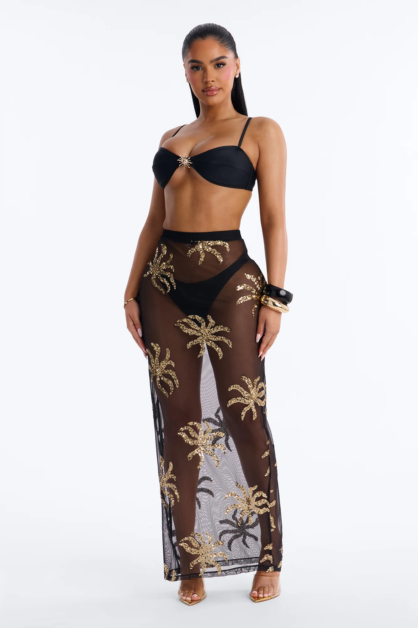 Solana 2 Piece Sequin Bandeau Bikini & Cover Up Skirt Sunsuit - Black/Gold
